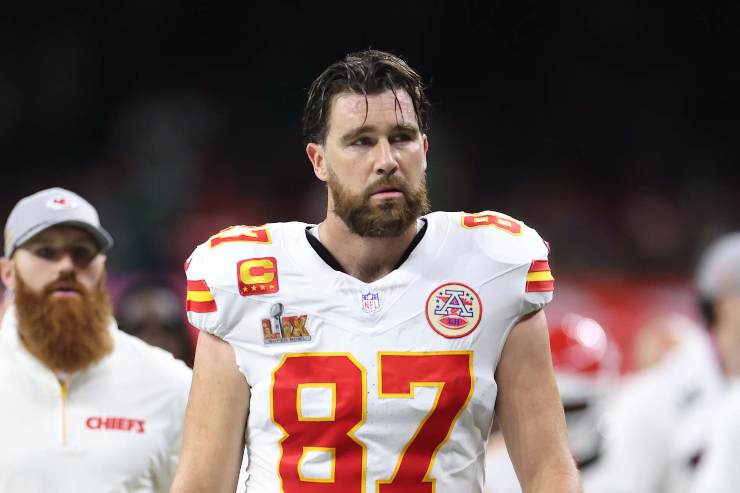NEW ORLEANS, LOUISIANA - FEBRUARY 09: Travis Kelce #87 of the Kansas City Chiefs walks off the field at half time against the Philadelphia Eagles during Super Bowl LIX at Caesars Superdome on February 09, 2025 in New Orleans, Louisiana. (Photo by Jamie Squire/Getty Images) NEW ORLEANS, LOUISIANA - FEBRUARY 09: Travis Kelce #87 of the Kansas City Chiefs walks off the field at half time against the Philadelphia Eagles during Super Bowl LIX at Caesars Superdome on February 09, 2025 in New Orleans, Louisiana. (Photo by Jamie Squire/Getty Images)