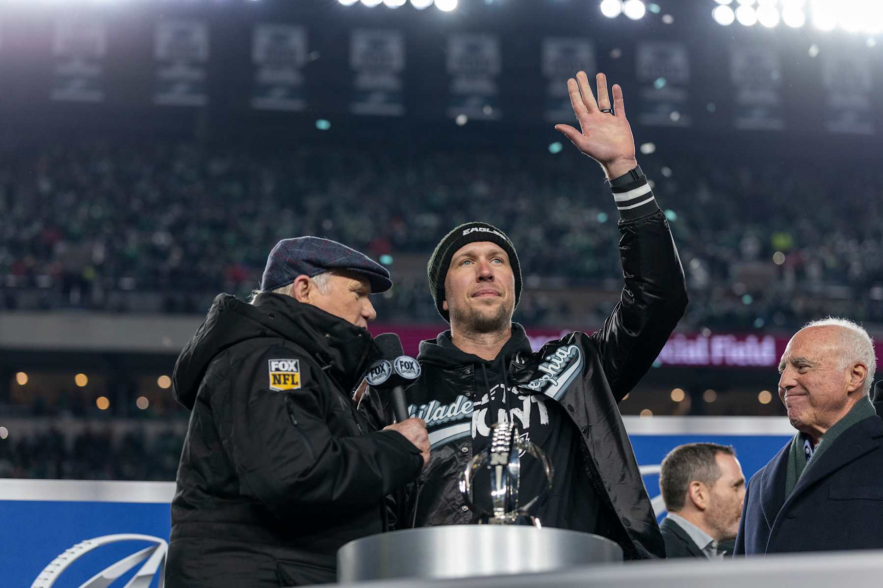 PHILADELPHIA, PENNSYLVANIA - JANUARY 26: Former Philadelphia Eagles quarterback Nick Files waves to the crowd after the games against Washington Commanders at Lincoln Financial Field on January 26, 2025 in Philadelphia, Pennsylvania. The Eagles beat the Commanders 55-23. (Photo by Lauren Leigh Bacho/Getty Images)