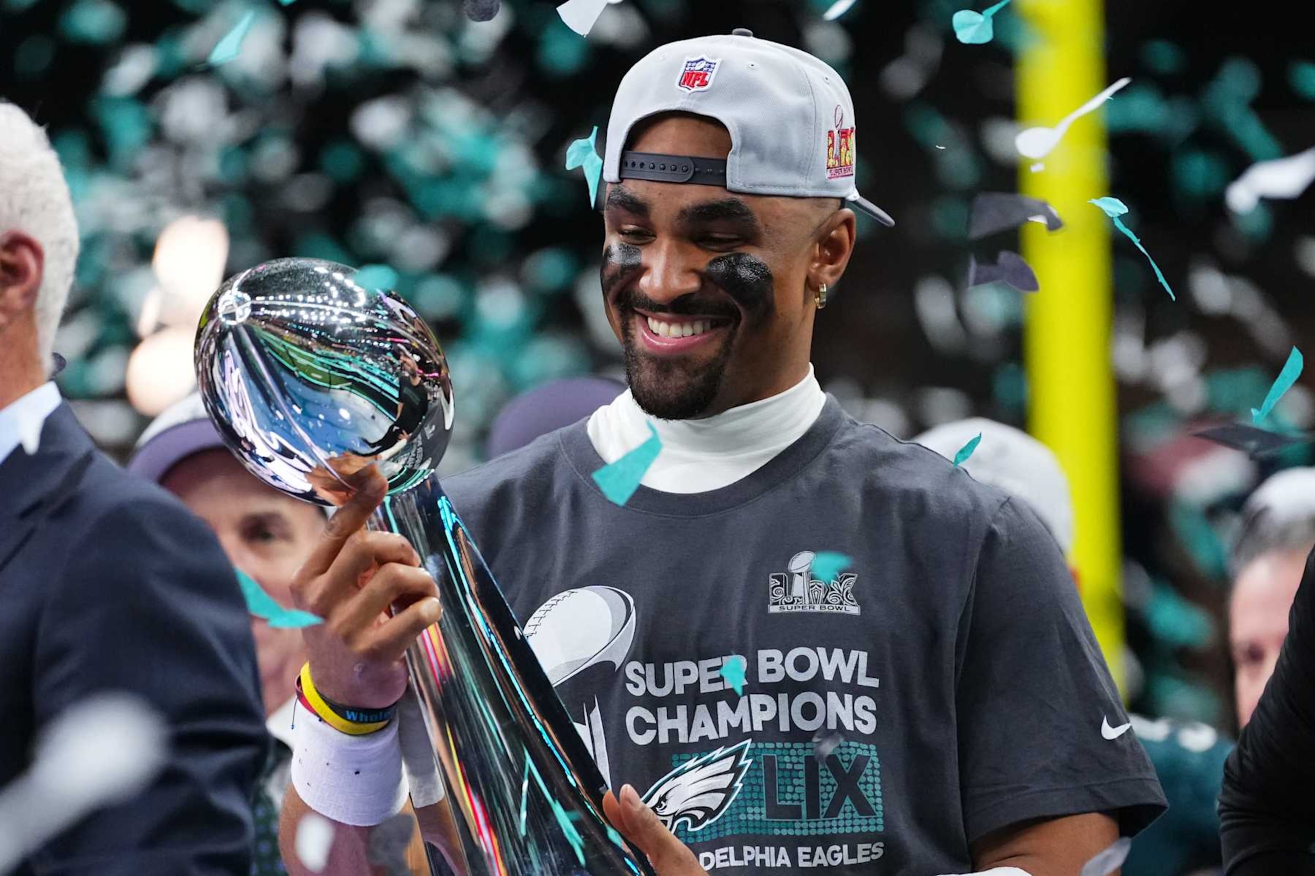 NEW ORLEANS, LA - FEBRUARY 09: Jalen Hurts #1 of the Philadelphia Eagles celebrates after defeating the Kansas City Chiefs during Super Bowl LIX at Caesars Superdome on February 9, 2025 in New Orleans, Louisiana. (Photo by Cooper Neill/Getty Images) NEW ORLEANS, LA - FEBRUARY 09: Jalen Hurts #1 of the Philadelphia Eagles celebrates after defeating the Kansas City Chiefs during Super Bowl LIX at Caesars Superdome on February 9, 2025 in New Orleans, Louisiana. (Photo by Cooper Neill/Getty Images)