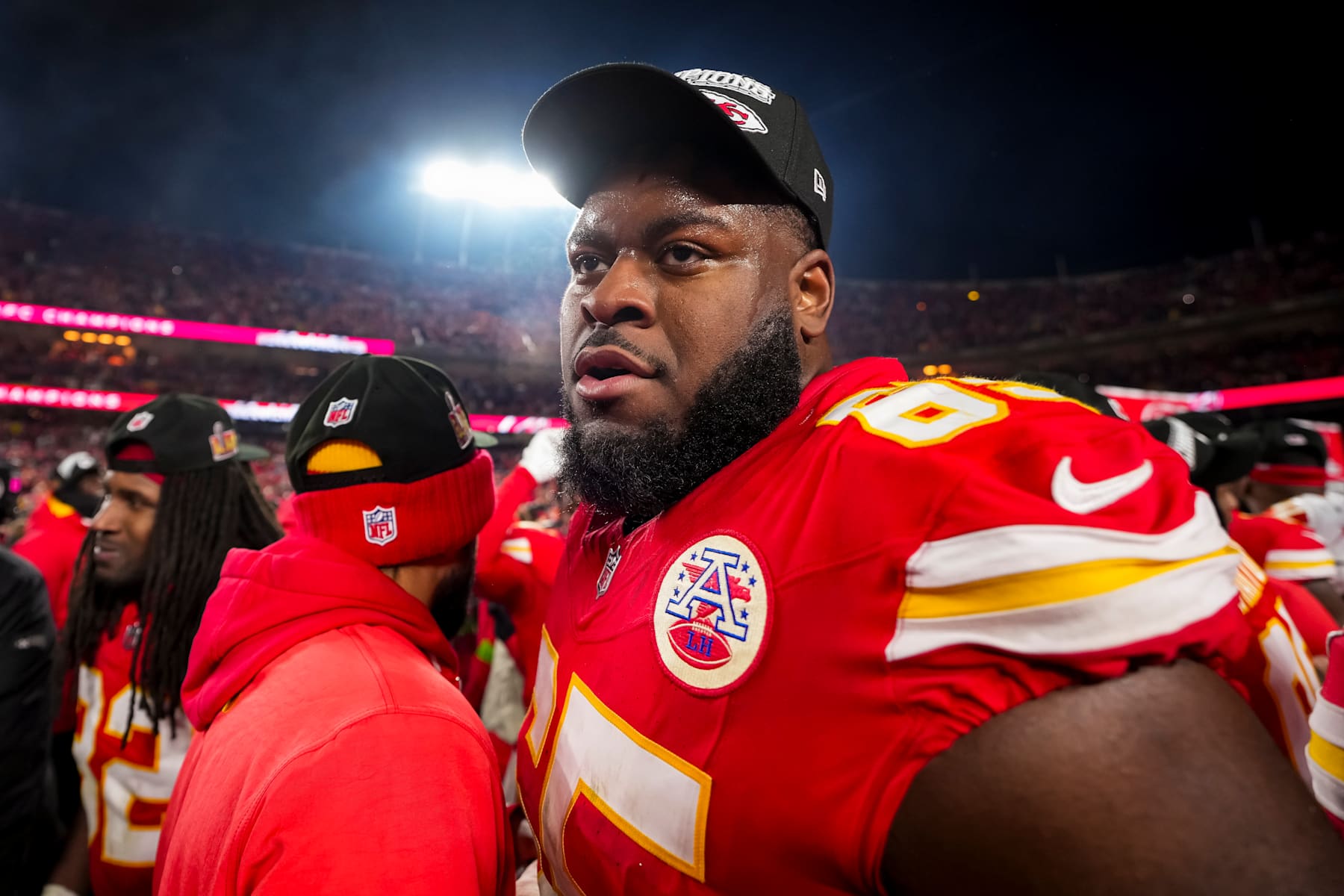 KANSAS CITY, MISSOURI - JANUARY 26: Guard Trey Smith #65 of the Kansas City Chiefs celebrates after the AFC Championship game against the Buffalo Bills, at GEHA Field at Arrowhead Stadium on January 26, 2025 in Kansas City, Missouri. (Photo by Todd Rosenberg/Getty Images)