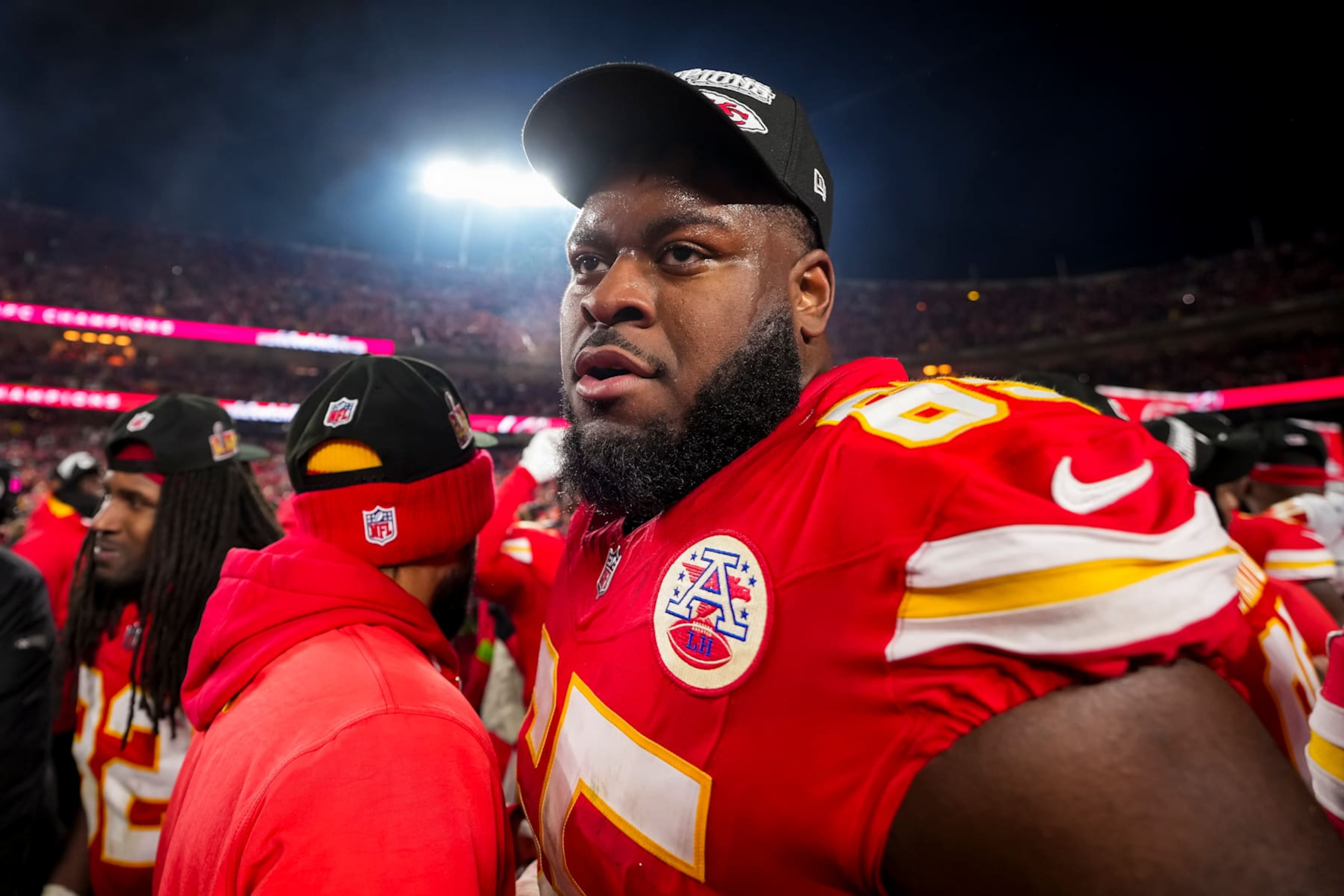 KANSAS CITY, MISSOURI - JANUARY 26: Guard Trey Smith #65 of the Kansas City Chiefs celebrates after the AFC Championship game against the Buffalo Bills, at GEHA Field at Arrowhead Stadium on January 26, 2025 in Kansas City, Missouri. (Photo by Todd Rosenberg/Getty Images) KANSAS CITY, MISSOURI - JANUARY 26: Guard Trey Smith #65 of the Kansas City Chiefs celebrates after the AFC Championship game against the Buffalo Bills, at GEHA Field at Arrowhead Stadium on January 26, 2025 in Kansas City, Missouri. (Photo by Todd Rosenberg/Getty Images)