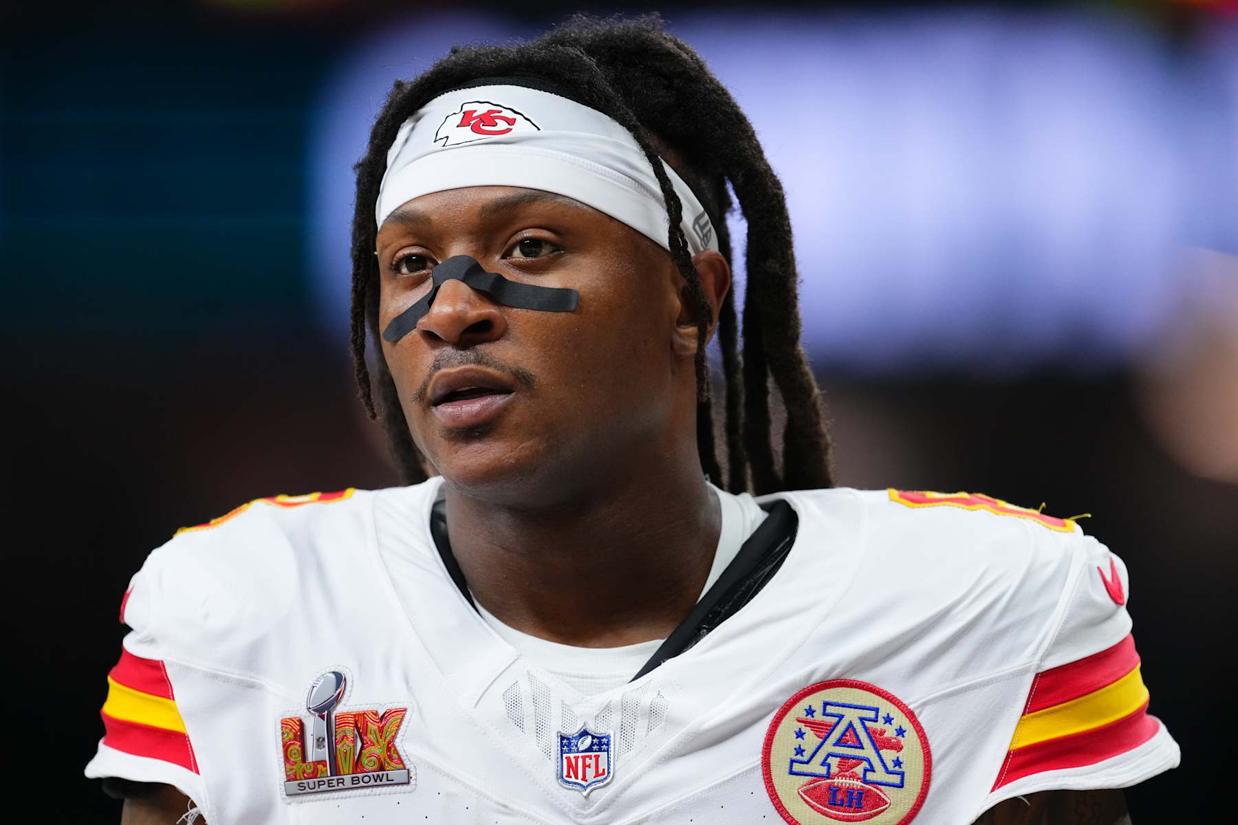 NEW ORLEANS, LA - FEBRUARY 09: DeAndre Hopkins #8 of the Kansas City Chiefs looks on prior to Super Bowl LIX against the Philadelphia Eagles at Caesars Superdome on February 9, 2025 in New Orleans, Louisiana. (Photo by Cooper Neill/Getty Images)