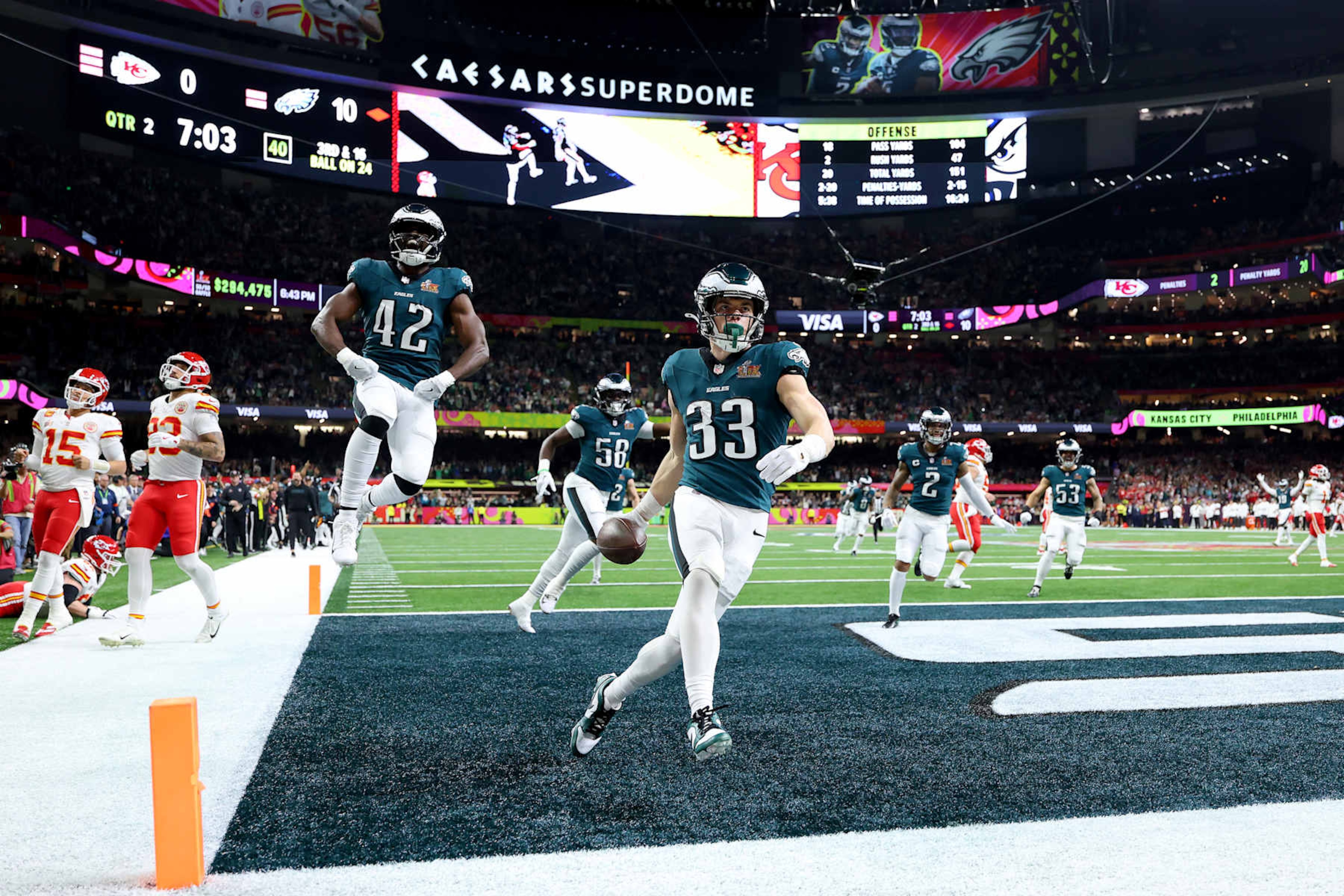 NEW ORLEANS, LOUISIANA - FEBRUARY 09: Cooper DeJean #33 of the Philadelphia Eagles celebrates scoring a touchdown after making an interception in the second quarter against the Kansas City Chiefs during Super Bowl LIX at Caesars Superdome on February 09, 2025 in New Orleans, Louisiana. (Photo by Gregory Shamus/Getty Images) NEW ORLEANS, LOUISIANA - FEBRUARY 09: Cooper DeJean #33 of the Philadelphia Eagles celebrates scoring a touchdown after making an interception in the second quarter against the Kansas City Chiefs during Super Bowl LIX at Caesars Superdome on February 09, 2025 in New Orleans, Louisiana. (Photo by Gregory Shamus/Getty Images)
