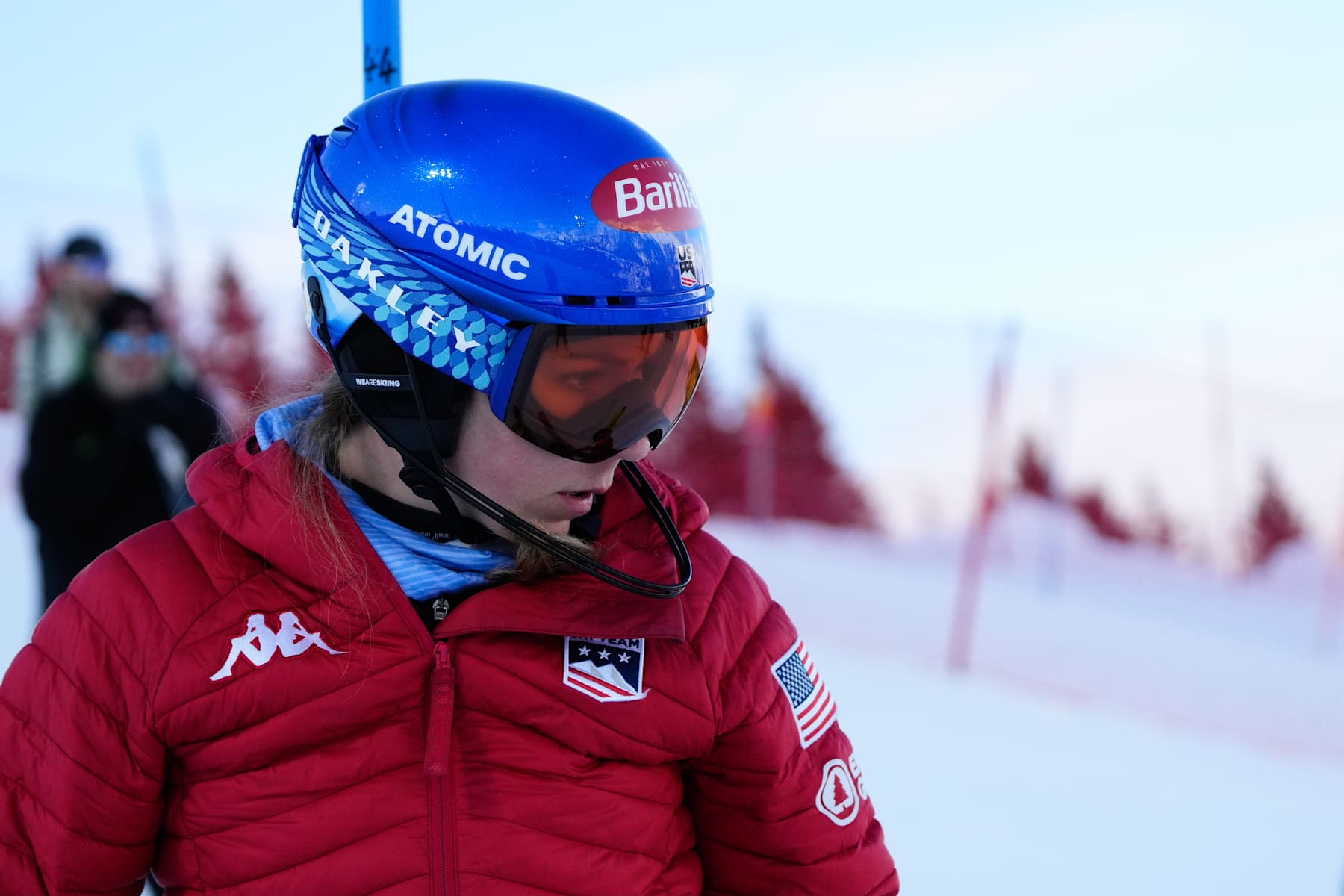 COURCHEVEL, FRANCE - JANUARY 30: Mikaela Shiffrin of Team United States inspects the course during the Audi FIS Alpine Ski World Cup Women's Slalom on January 30, 2025 in Courchevel, France. (Photo by Millo Moravski/Agence Zoom/Getty Images)