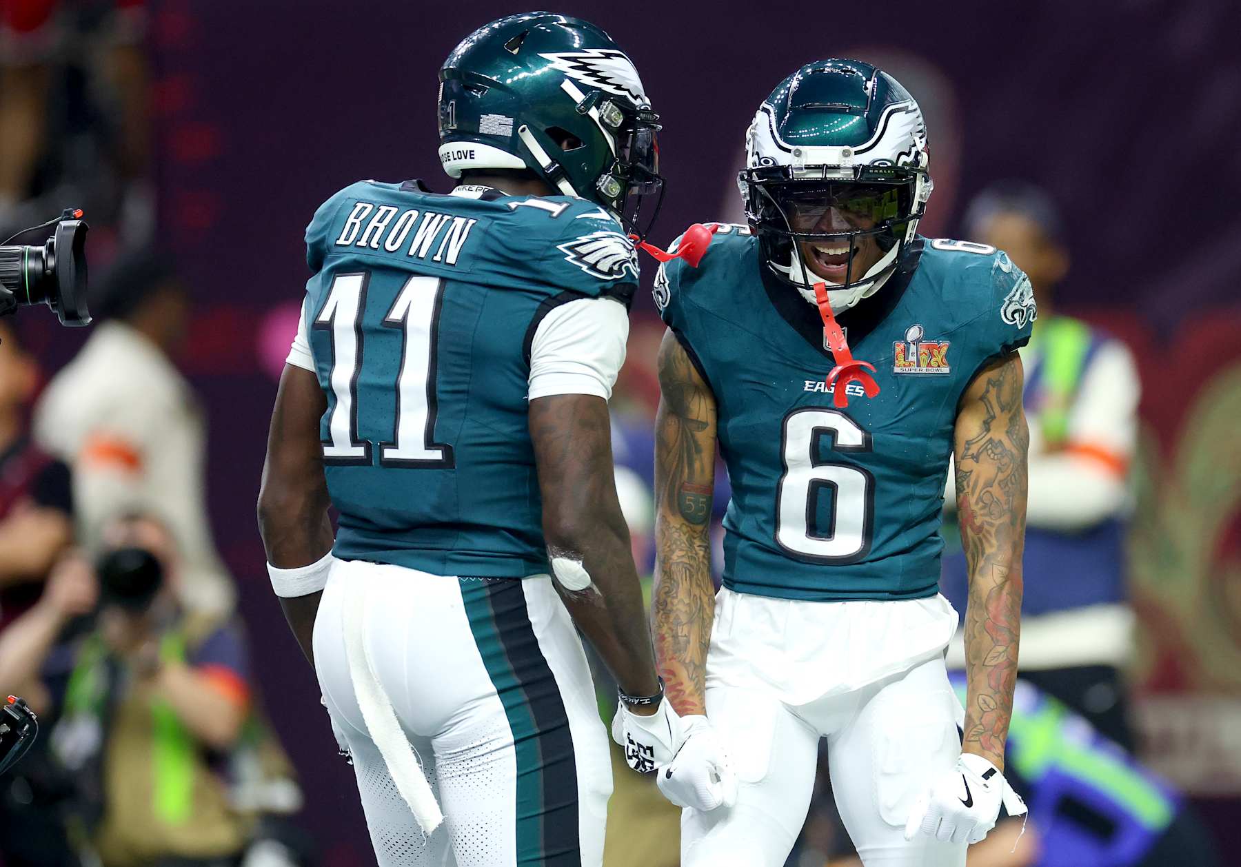 NEW ORLEANS, LOUISIANA - FEBRUARY 09: A.J. Brown #11 and DeVonta Smith #6 of the Philadelphia Eagles celebrate after Smith scored a touchdown in the third quarter against the Kansas City Chiefs during Super Bowl LIX at Caesars Superdome on February 09, 2025 in New Orleans, Louisiana. (Photo by Gregory Shamus/Getty Images)