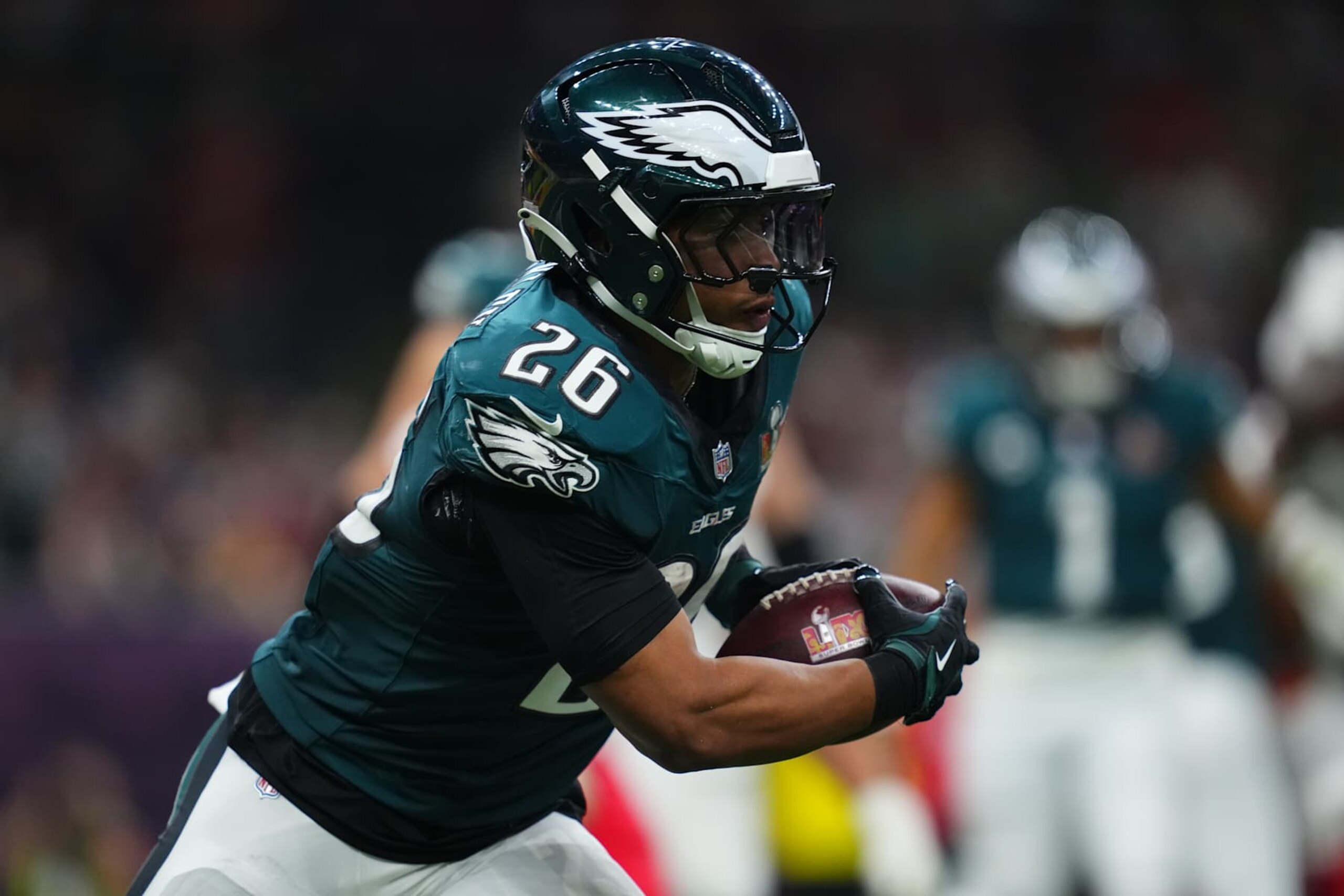 NEW ORLEANS, LA - FEBRUARY 09: Saquon Barkley #26 of the Philadelphia Eagles runs with the ball against the Kansas City Chiefs during Super Bowl LIX at Caesars Superdome on February 9, 2025 in New Orleans, Louisiana. (Photo by Cooper Neill/Getty Images) NEW ORLEANS, LA - FEBRUARY 09: Saquon Barkley #26 of the Philadelphia Eagles runs with the ball against the Kansas City Chiefs during Super Bowl LIX at Caesars Superdome on February 9, 2025 in New Orleans, Louisiana. (Photo by Cooper Neill/Getty Images)