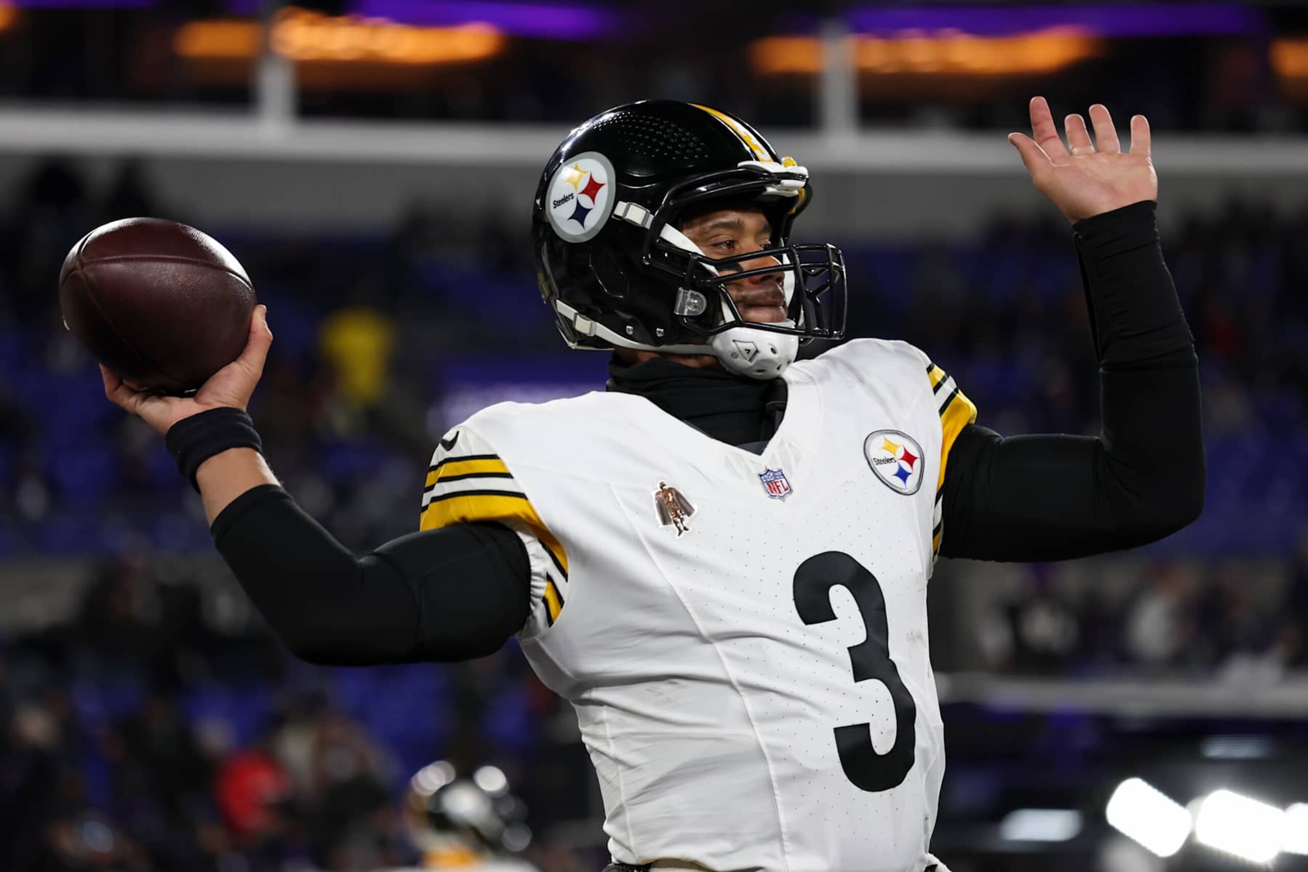 BALTIMORE, MARYLAND - JANUARY 11: Russell Wilson #3 of the Pittsburgh Steelers warms up prior to a Wild Card Playoff Game against the Baltimore Ravens at M&T Bank Stadium on January 11, 2025, in Baltimore, Maryland. The Ravens defeated the Steelers 28-14. (Kara Durrette/Getty Images)