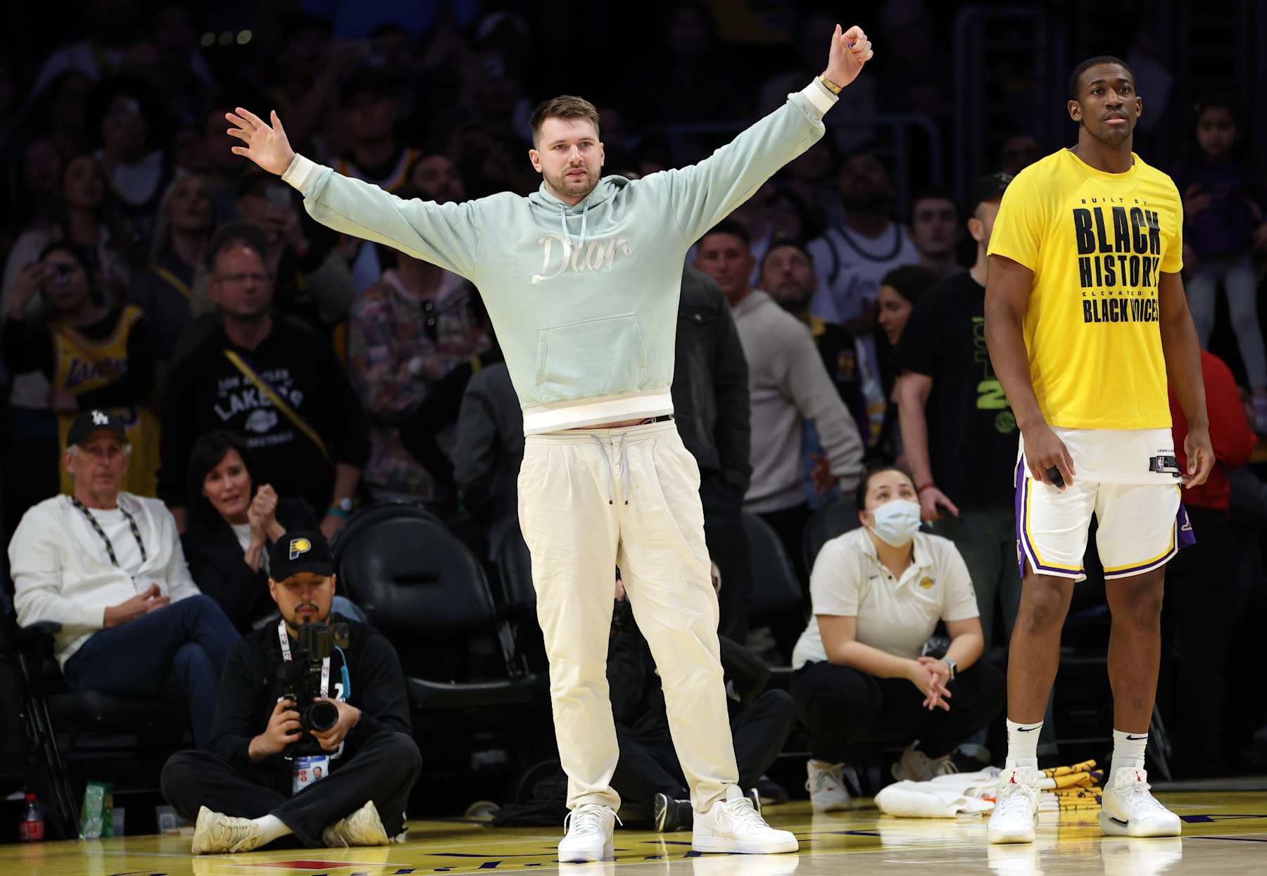 LOS ANGELES, CALIFORNIA - FEBRUARY 8: Luka Doncic #77 of the Los Angeles Lakers celebrates during the second half against the Indiana Pacers at Crypto.com Arena on February 8, 2025 in Los Angeles, California. NOTE TO USER: User expressly acknowledges and agrees that, by downloading and or using this photograph, User is consenting to the terms and conditions of the Getty Images License Agreement. (Photo by Kevork Djansezian/Getty Images)