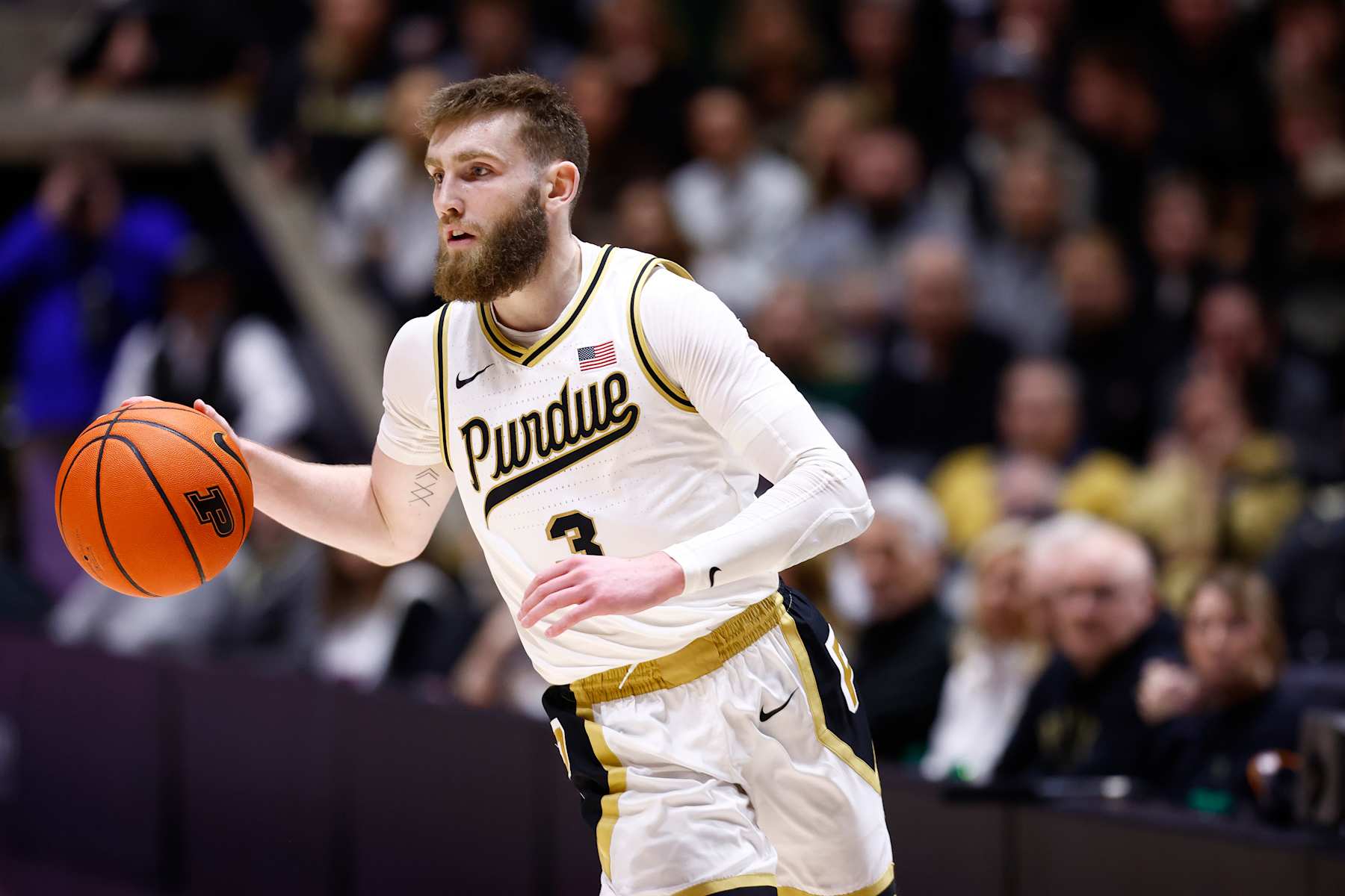 WEST LAFAYETTE, IN - FEBRUARY 07: Purdue Boilermakers guard Braden Smith (3) brings the ball up court during a men's college basketball game between the USC Trojans and the Purdue Boilermakers on February 07, 2025, at Mackey Arena in West Lafayette, IN.  (Photo by Jeffrey Brown/Icon Sportswire via Getty Images)