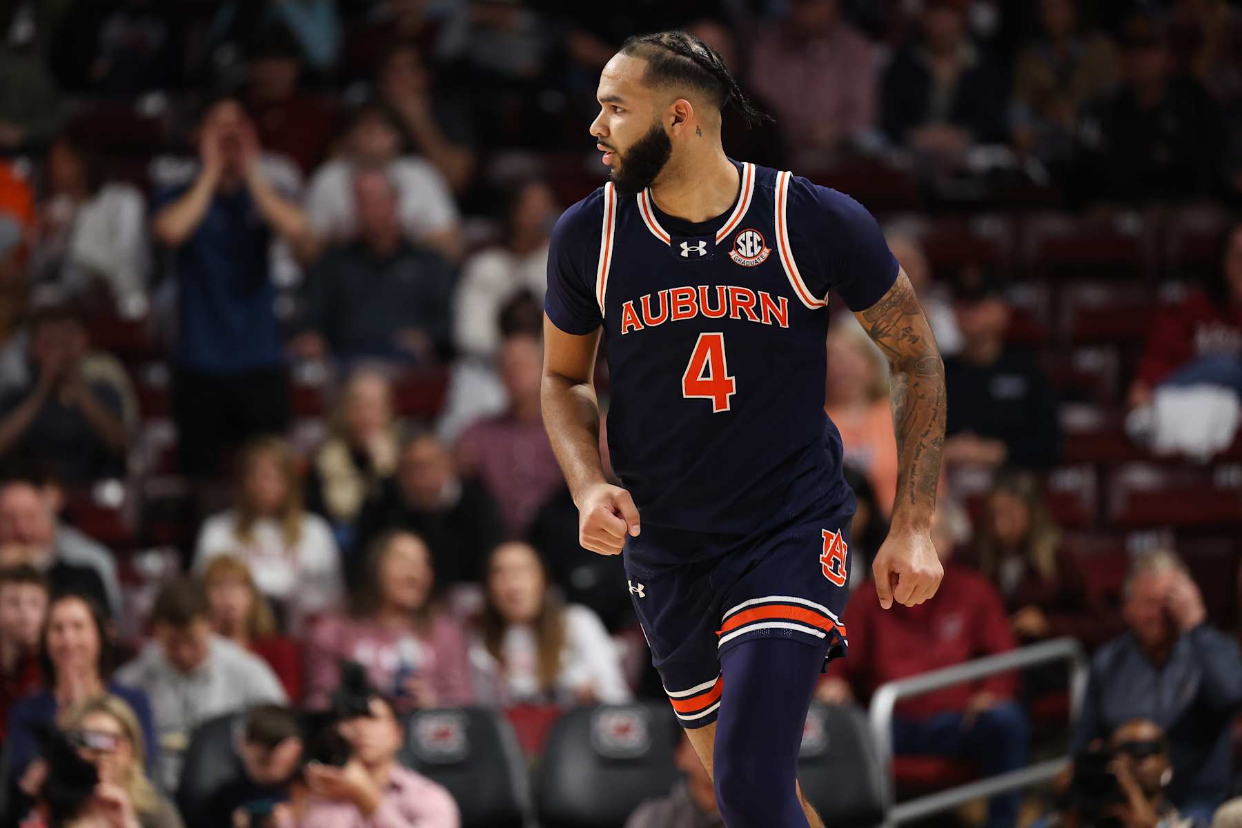 COLUMBIA, SOUTH CAROLINA - JANUARY 11: Johni Broome #4 of the Auburn Tigers in action during the second half against the South Carolina Gamecocks at Colonial Life Arena on January 11, 2025 in Columbia, South Carolina.  (Photo by Isaiah Vazquez/Getty Images)
