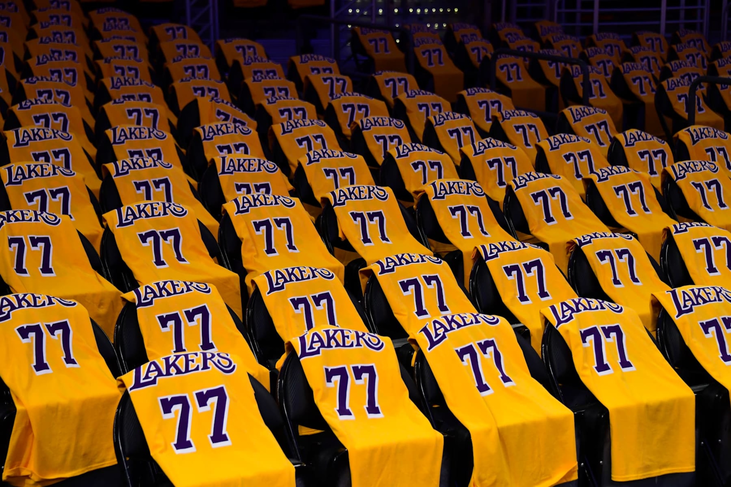 LOS ANGELES, CA - FEBRUARY 10: T-Shirts laid out for fans before the game between the Utah Jazz and Los Angeles Lakers on February 10, 2025 at Crypto.Com Arena in Los Angeles, California. NOTE TO USER: User expressly acknowledges and agrees that, by downloading and/or using this Photograph, user is consenting to the terms and conditions of the Getty Images License Agreement. Mandatory Copyright Notice: Copyright 2025 NBAE (Photo by Adam Pantozzi/NBAE via Getty Images) LOS ANGELES, CA - FEBRUARY 10: T-Shirts laid out for fans before the game between the Utah Jazz and Los Angeles Lakers on February 10, 2025 at Crypto.Com Arena in Los Angeles, California. NOTE TO USER: User expressly acknowledges and agrees that, by downloading and/or using this Photograph, user is consenting to the terms and conditions of the Getty Images License Agreement. Mandatory Copyright Notice: Copyright 2025 NBAE (Photo by Adam Pantozzi/NBAE via Getty Images)