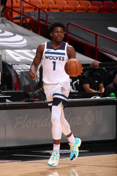 MIAMI, FL - MAY 7: Anthony Edwards #1 of the Minnesota Timberwolves dribbles the ball during the game against the Miami Heat on May 7, 2021 at American Airlines Arena in Miami, Florida. NOTE TO USER: User expressly acknowledges and agrees that, by downloading and or using this Photograph, user is consenting to the terms and conditions of the Getty Images License Agreement. Mandatory Copyright Notice: Copyright 2021 NBAE (Photo by Issac Baldizon/NBAE via Getty Images)