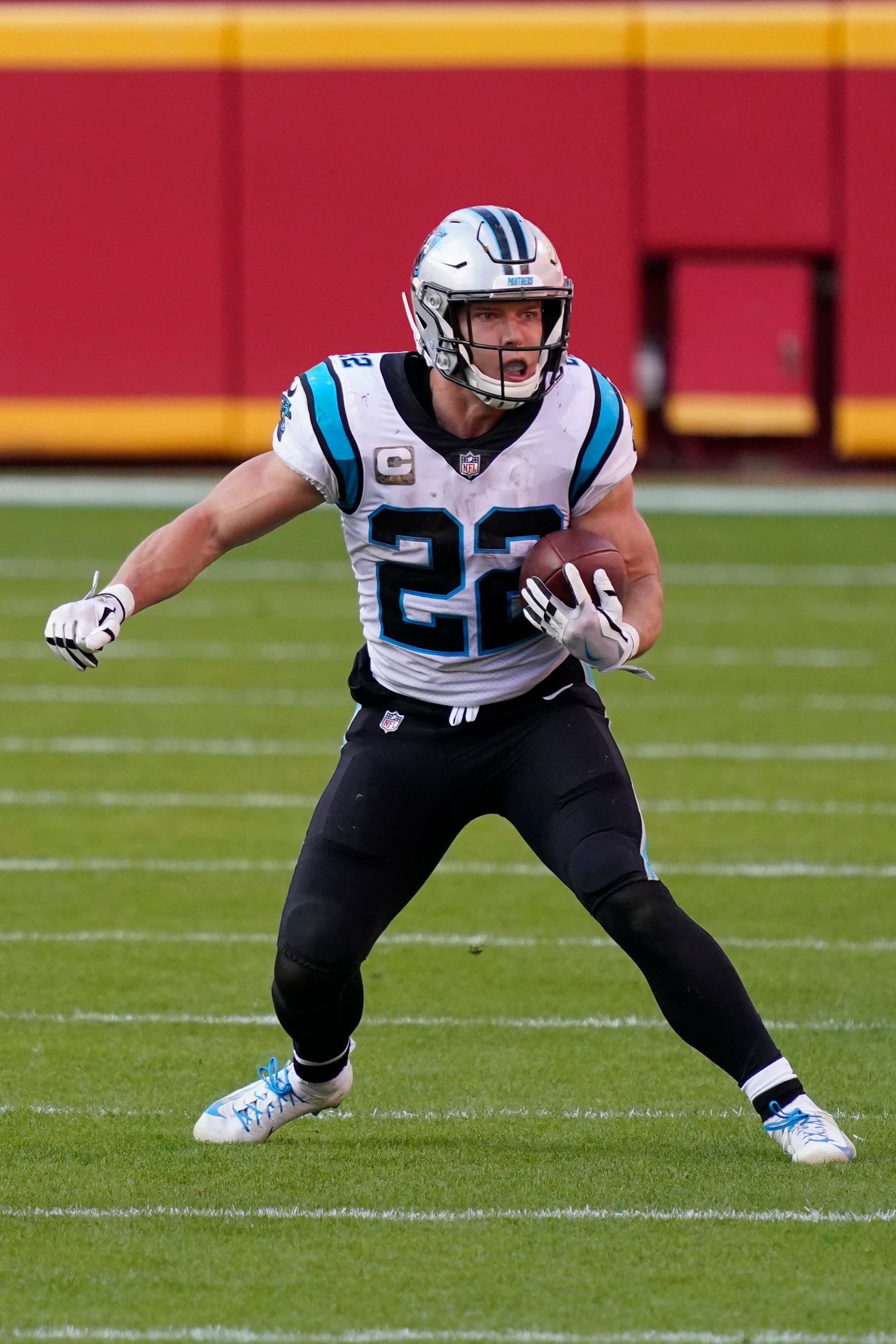 Carolina Panthers running back Christian McCaffrey (22) against the Kansas City Chiefs during the second half of an NFL football game in Kansas City, Mo., Sunday, Nov. 8, 2020. (AP Photo/Jeff Roberson)