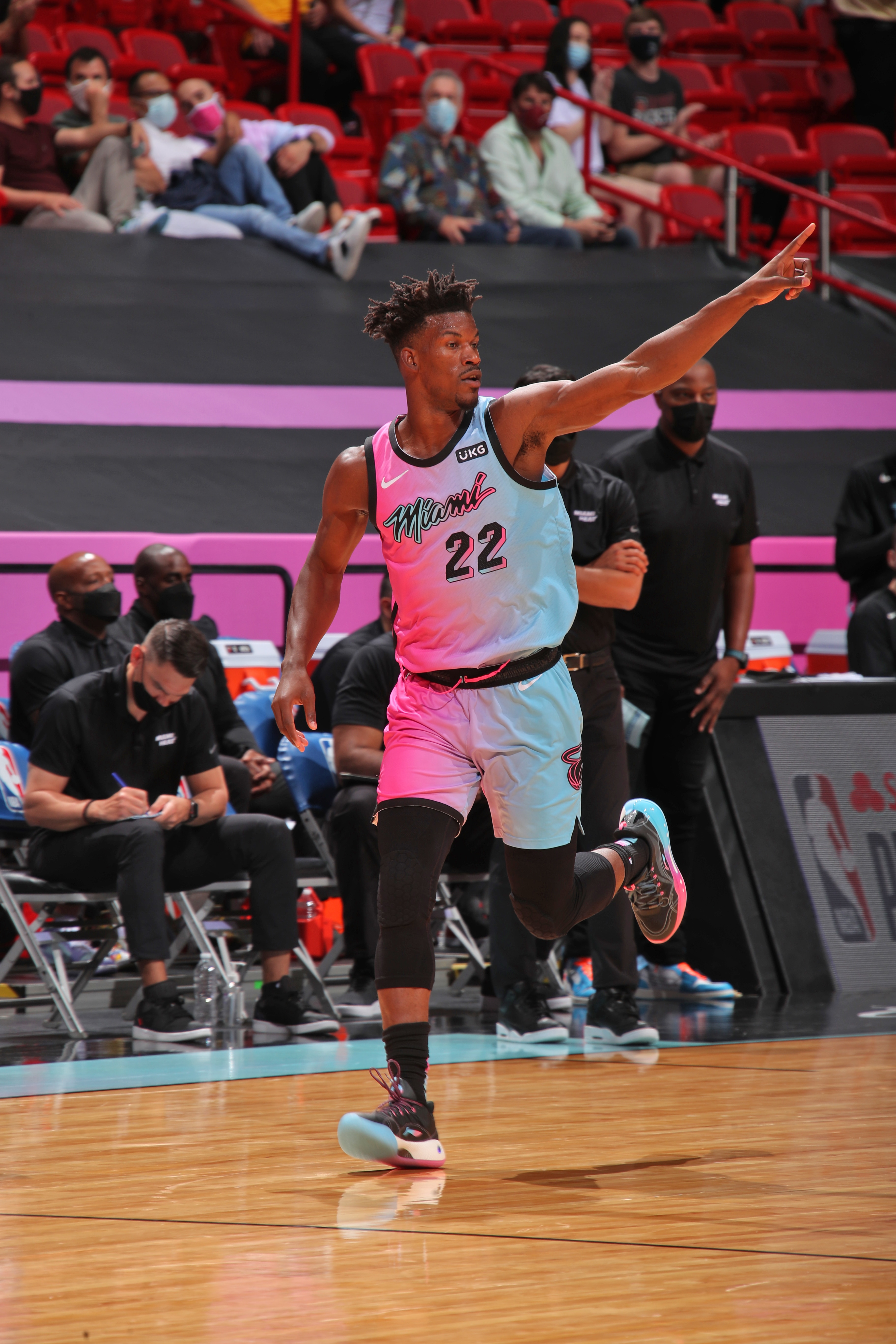 MIAMI, FL - MAY 13: Jimmy Butler #22 of the Miami Heat celebrates during the game against the Philadelphia 76ers on May 13, 2021 at American Airlines Arena in Miami, Florida. NOTE TO USER: User expressly acknowledges and agrees that, by downloading and or using this Photograph, user is consenting to the terms and conditions of the Getty Images License Agreement. Mandatory Copyright Notice: Copyright 2021 NBAE (Photo by Issac Baldizon/NBAE via Getty Images)