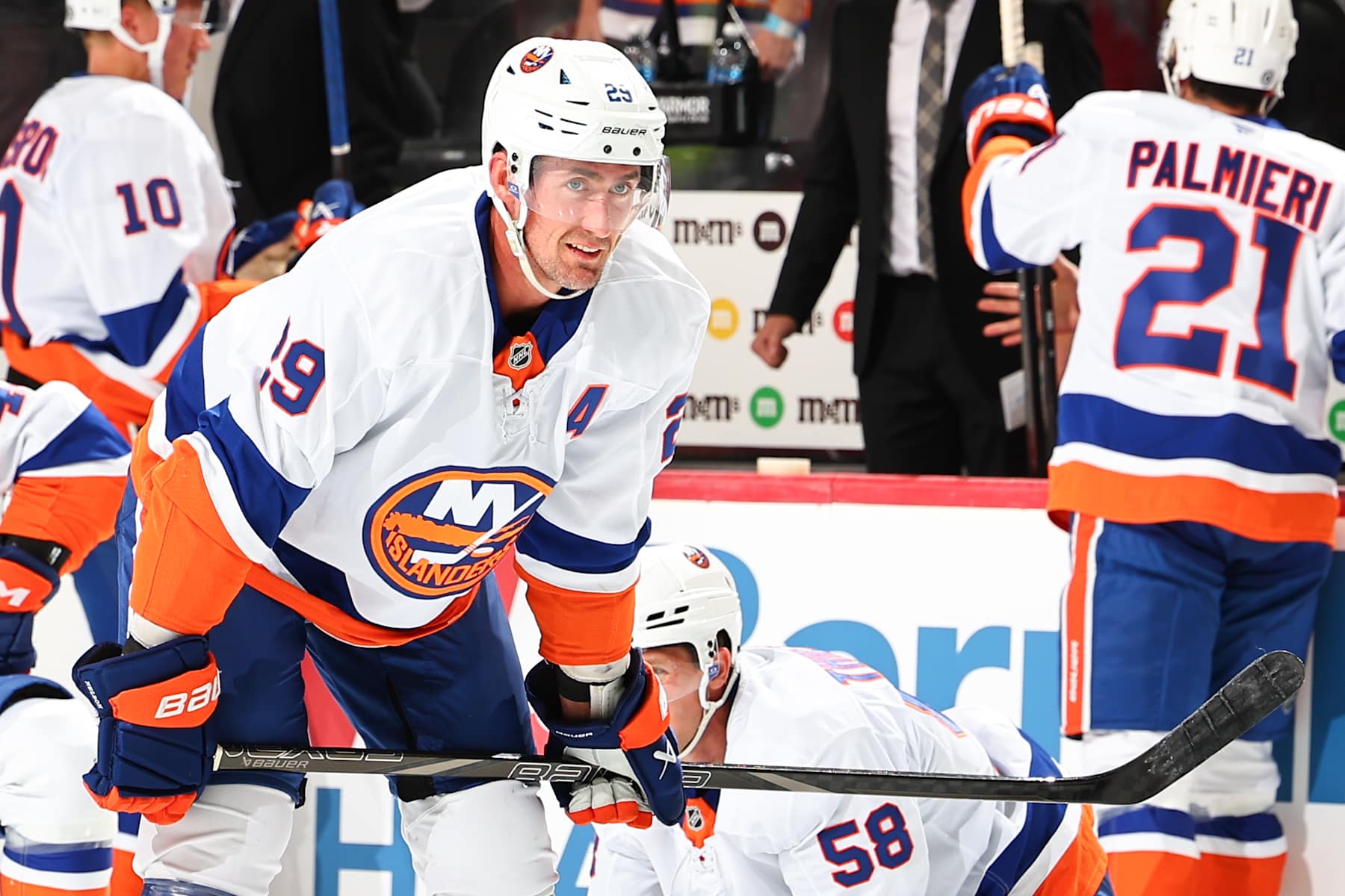 NEWARK, NJ - SEPTEMBER 22: Brock Nelson #29 of the New York Islanders skates during warm up prior to the game against the New Jersey Devils on September 22, 2024 at the Prudential Center in Newark, New Jersey.  (Photo by Rich Graessle/Getty Images)
