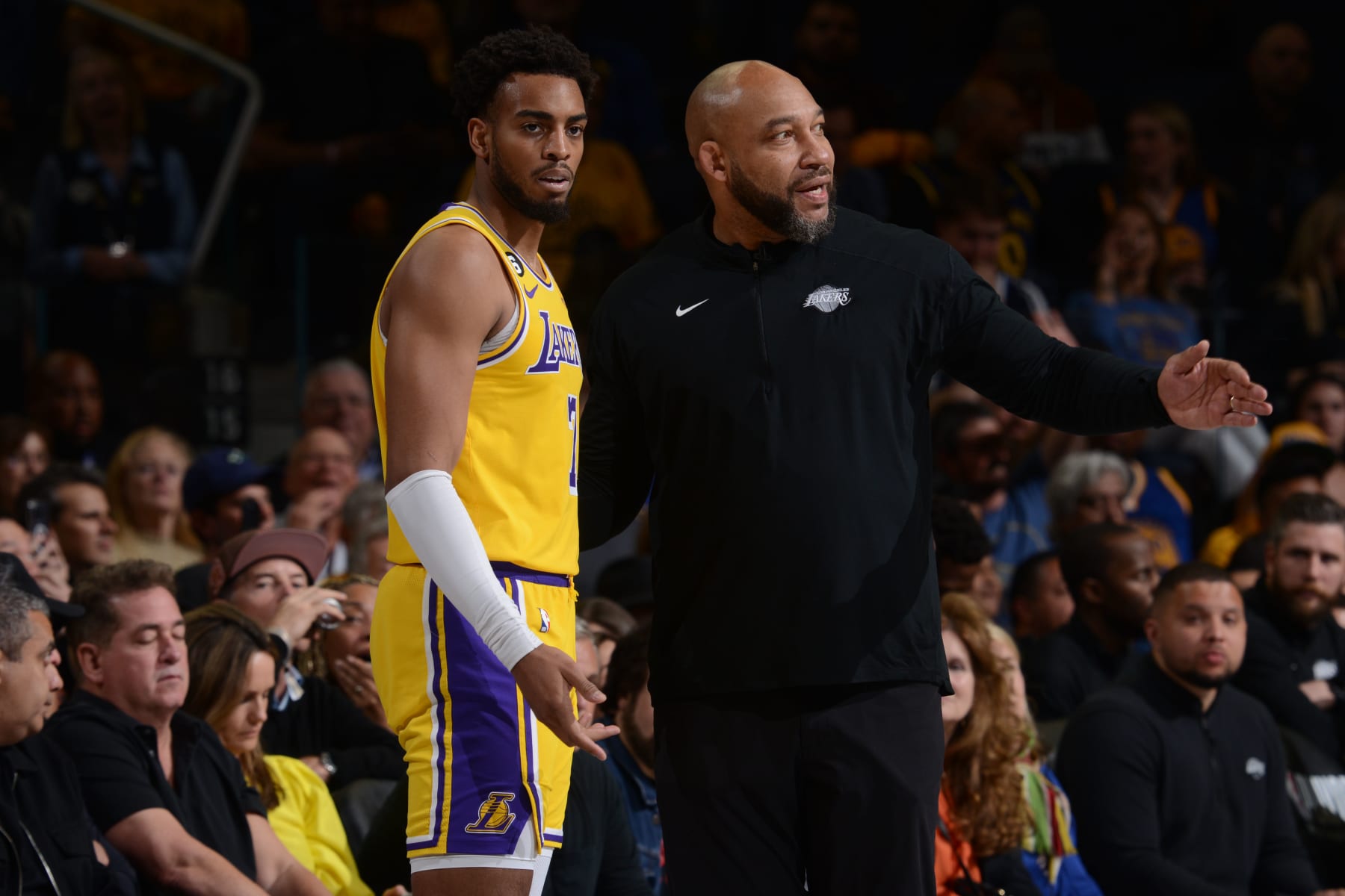 SAN FRANCISCO, CA - MAY 2: Troy Brown Jr. #7 and Head Coach Darvin Ham of the Los Angeles Lakers talk during the game against the Golden State Warriors during Game One of the Western Conference Semi-Finals of the 2023 NBA Playoffs on May 2, 2023 at Chase Center in San Francisco, California. NOTE TO USER: User expressly acknowledges and agrees that, by downloading and or using this photograph, user is consenting to the terms and conditions of Getty Images License Agreement. Mandatory Copyright Notice: Copyright 2023 NBAE (Photo by Noah Graham/NBAE via Getty Images)