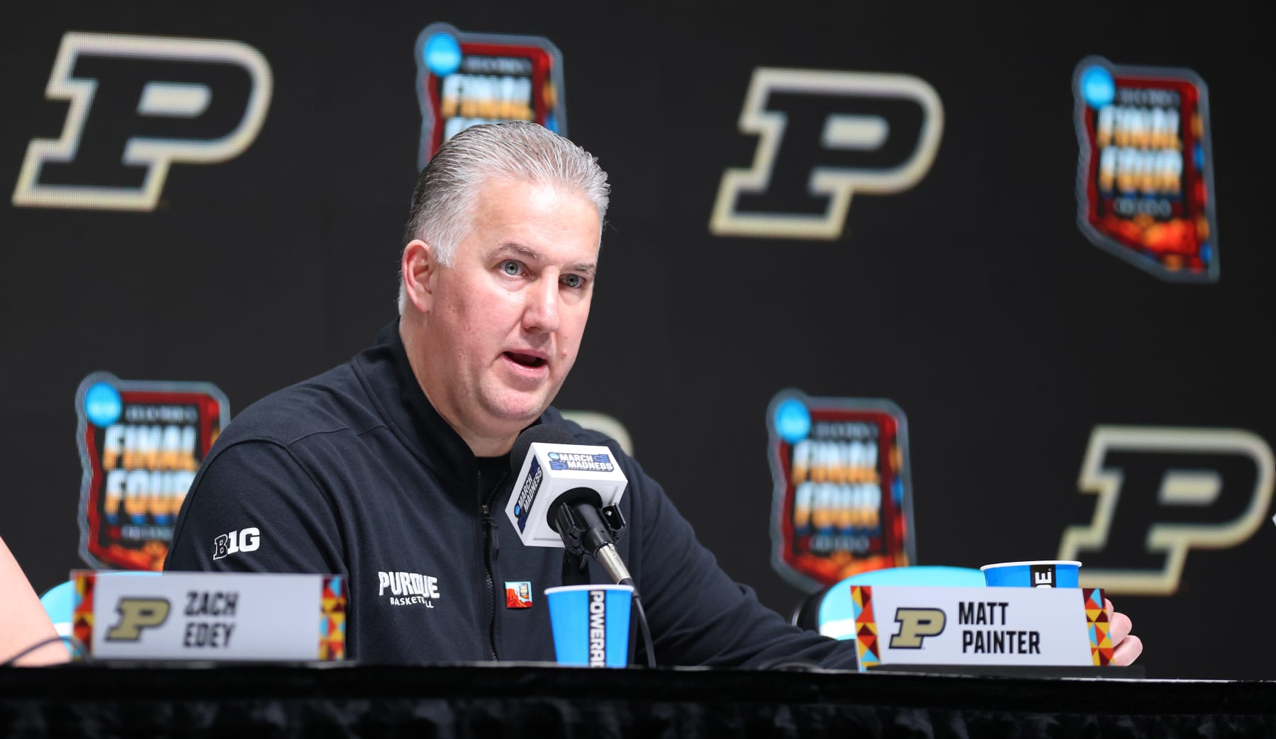 GLENDALE, ARIZONA - APRIL 06: Head coach Matt Painter of the Purdue Boilermakers speaks during the a press conference in the NCAA Men’s Basketball Tournament Final Four semifinal game at State Farm Stadium on April 06, 2024 in Glendale, Arizona. (Photo by Alysa Rubin/NCAA Photos via Getty Images)