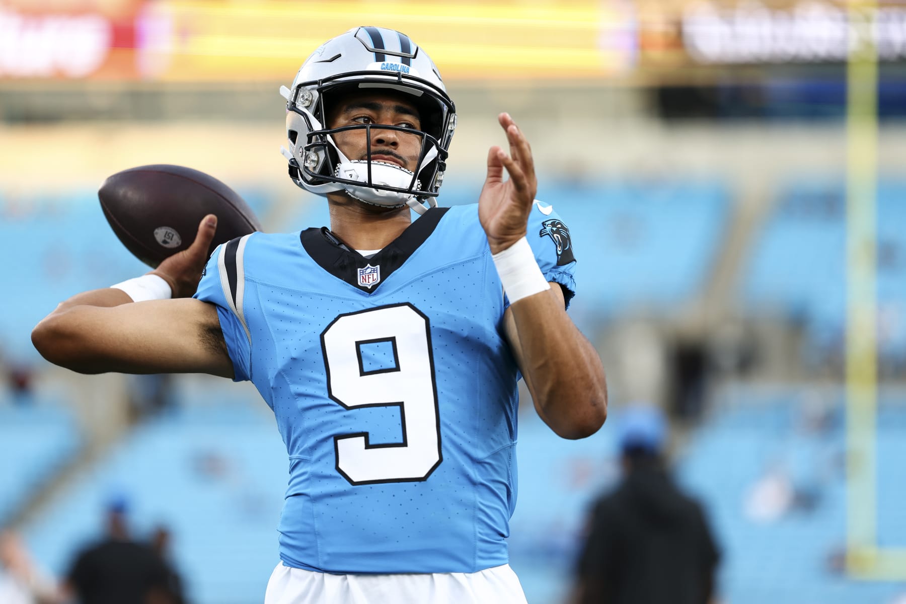CHARLOTTE, NC - AUGUST 25: Bryce Young #9 of the Carolina Panthers warms up prior to an NFL preseason football game against the Detroit Lions at Bank of America Stadium on August 25, 2023 in Charlotte, North Carolina. (Photo by Kevin Sabitus/Getty Images)