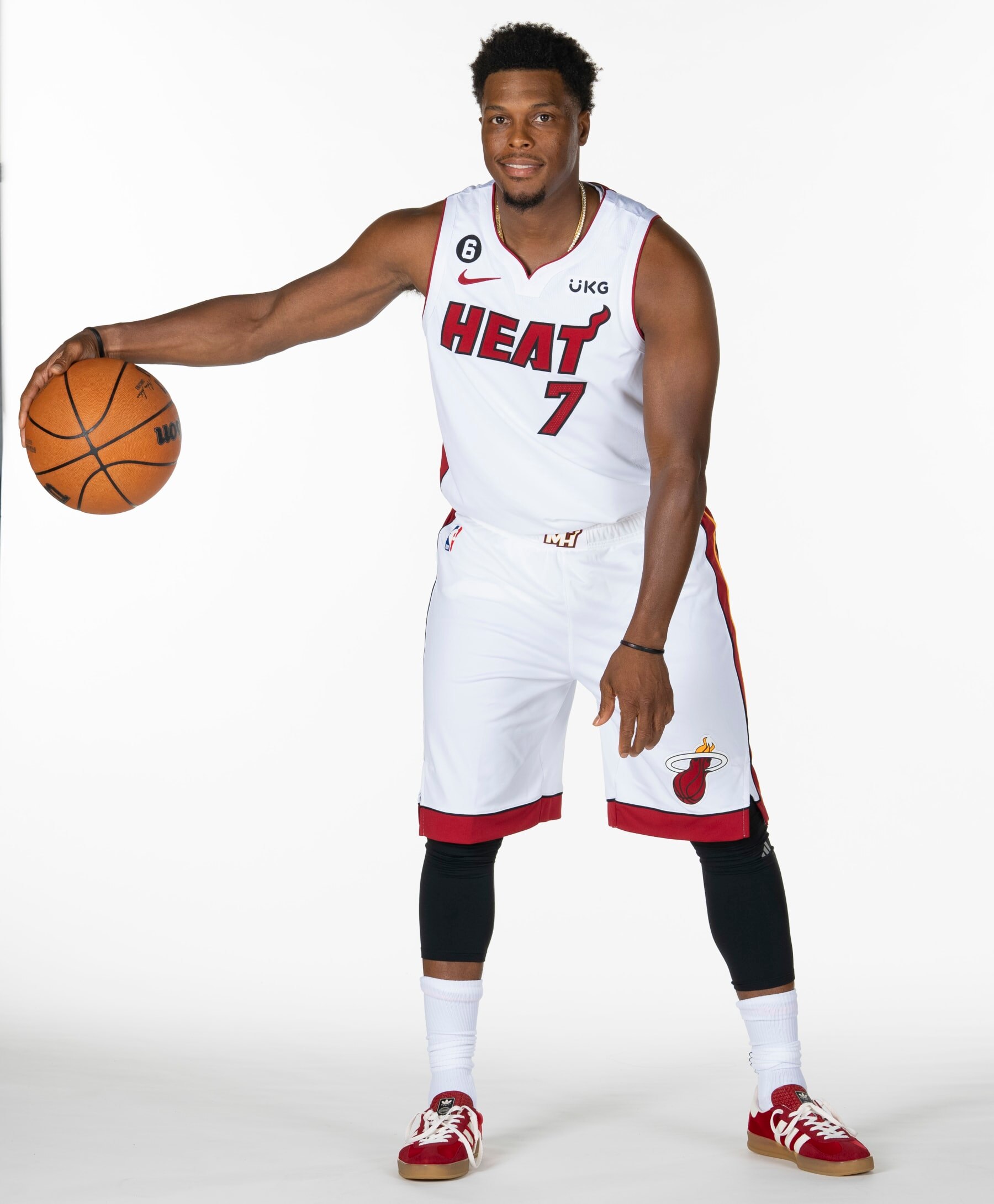 MIAMI, FLORIDA - SEPTEMBER 26: Kyle Lowry #7 of the Miami Heat poses for a portrait during media day at FTX Arena on September 26, 2022 in Miami, Florida. NOTE TO USER: User expressly acknowledges and agrees that, by downloading and/or using this photograph, user is consenting to the terms and conditions of the Getty Images License Agreement. (Photo by Eric Espada/Getty Images)