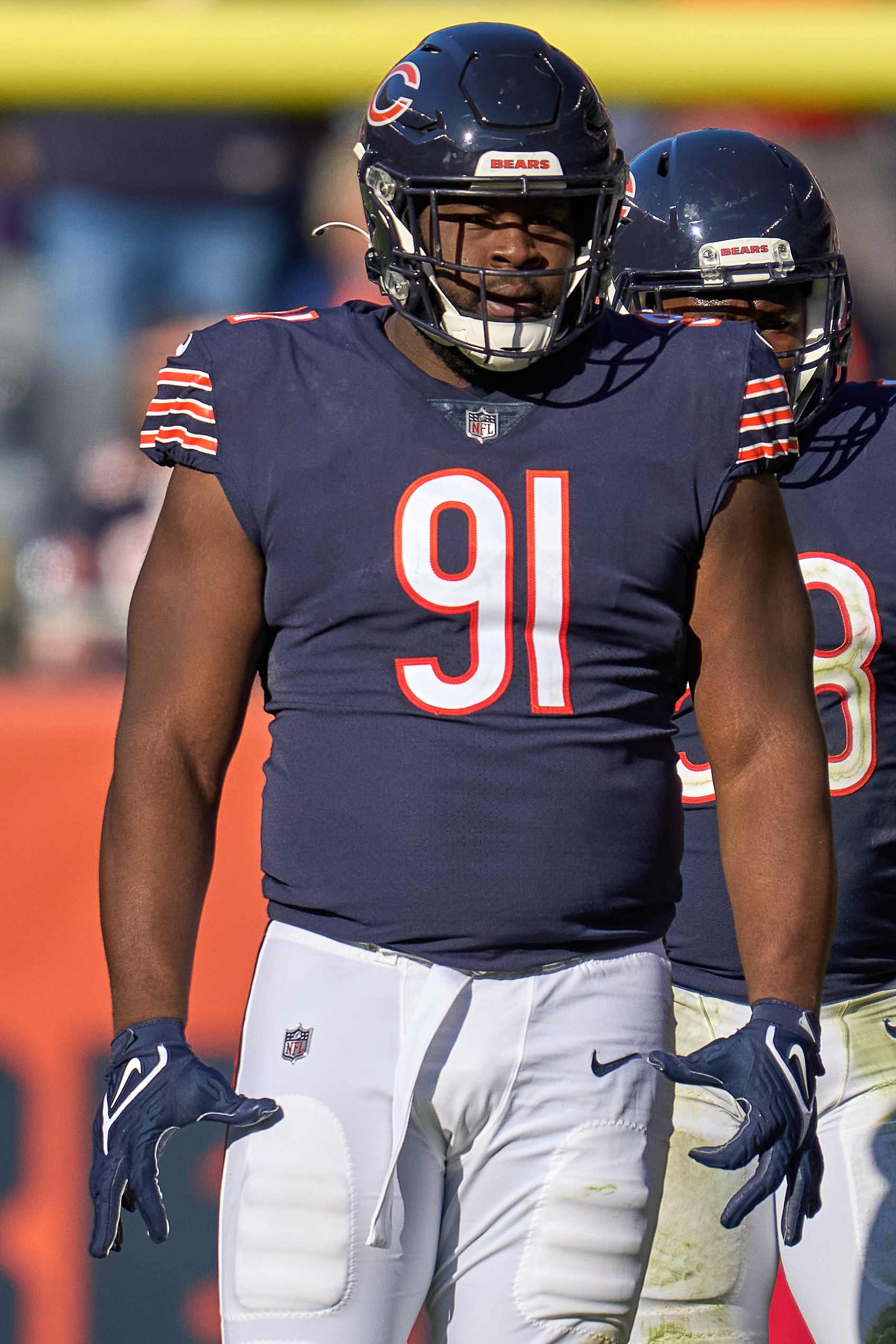 CHICAGO, IL - NOVEMBER 21: Chicago Bears nose tackle Eddie Goldman (91) looks on during a game between the Chicago Bears and the Baltimore Ravens on November 21, 2021 at Soldier Field in Chicago, IL. (Photo by Robin Alam/Icon Sportswire via Getty Images)