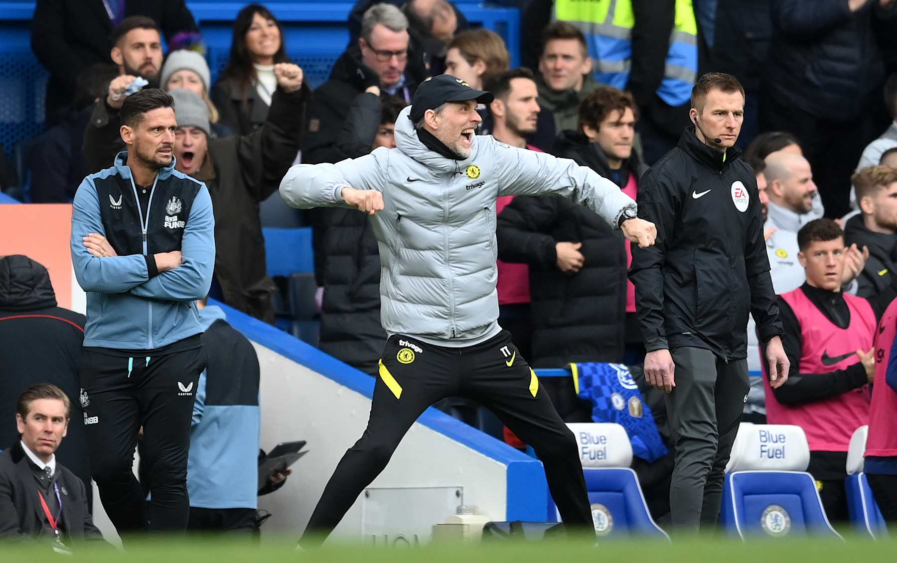 LONDON, ENGLAND - MARCH 13: Thomas Tuchel, Manager of Chelsea reacts after Kai Havertz scores their sides first goal during the Premier League match between Chelsea and Newcastle United at Stamford Bridge on March 13, 2022 in London, England. (Photo by Clive Mason/Getty Images)