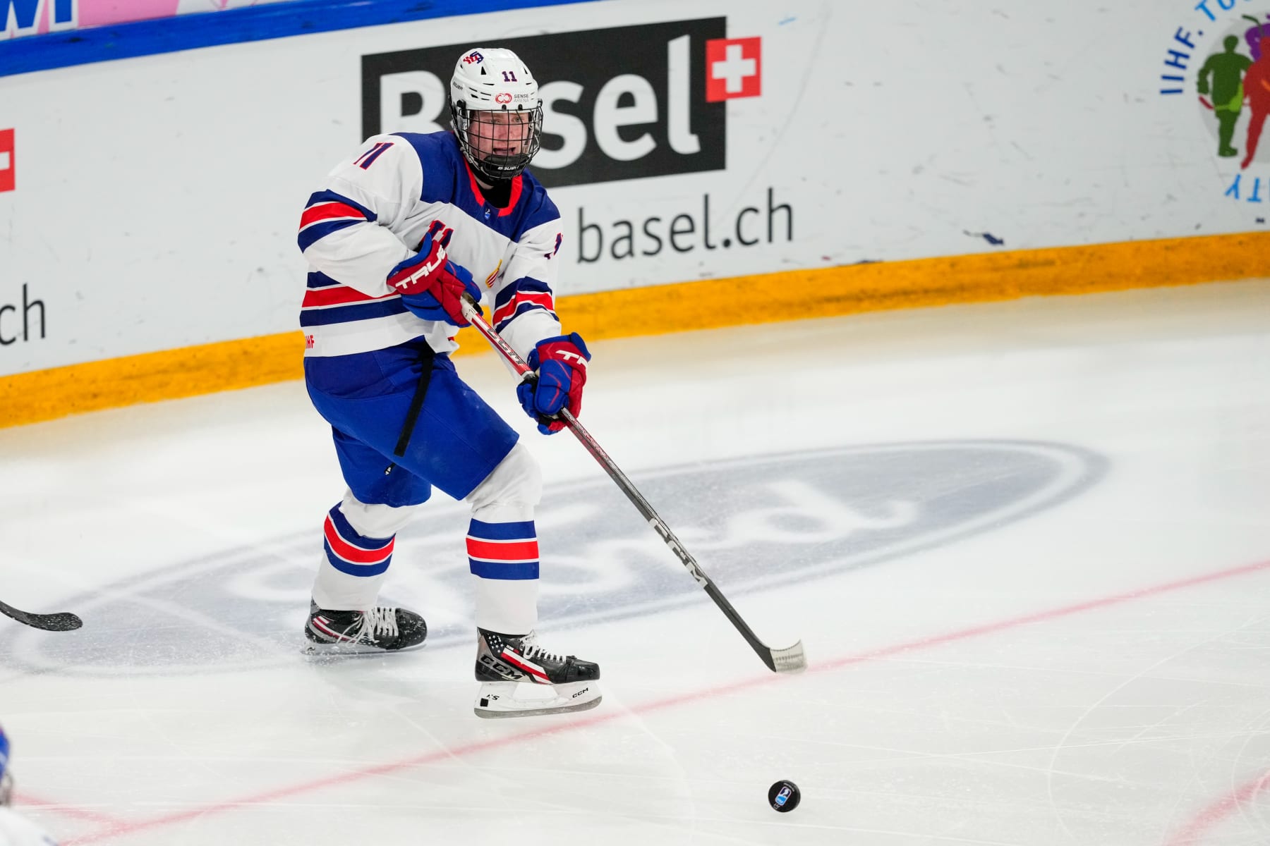 BASEL, SWITZERLAND - APRIL 29: Oliver Moore of United States in action during the semi final of U18 Ice Hockey World Championship match between United States and Slovakia at St. Jakob-Park on April 29, 2023 in Basel, Switzerland. (Photo by Jari Pestelacci/Eurasia Sport Images/Getty Images)