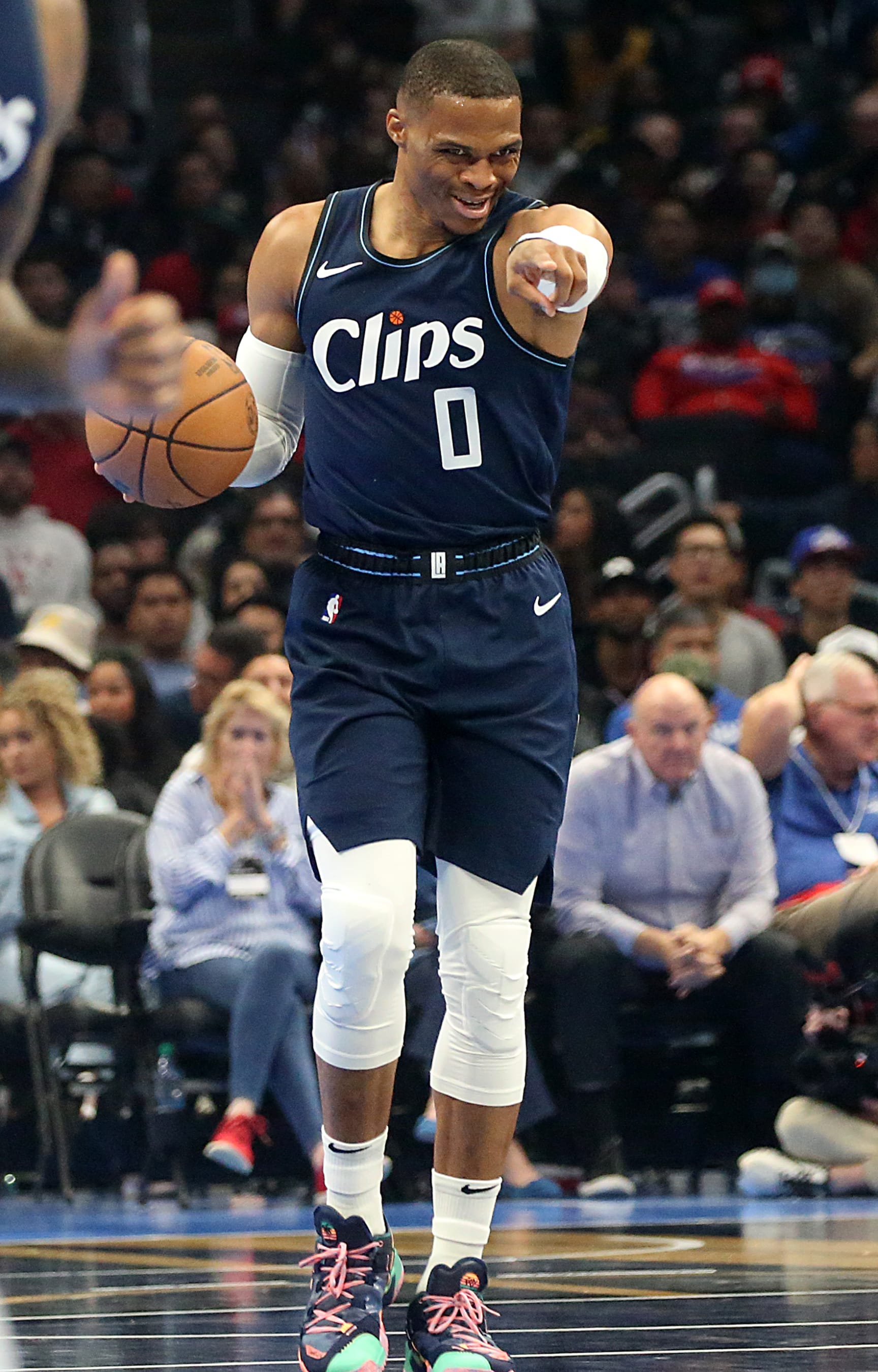Los Angeles, CA -  Clippers guard Russell Westbrook brings the ball up court against the Rockets in the first half of a 106-100 L.A. victory at crypto.com Arena in Los Angeles on Friday night, Nov. 17, 2023. (Luis Sinco / Los Angeles Times via Getty Images)