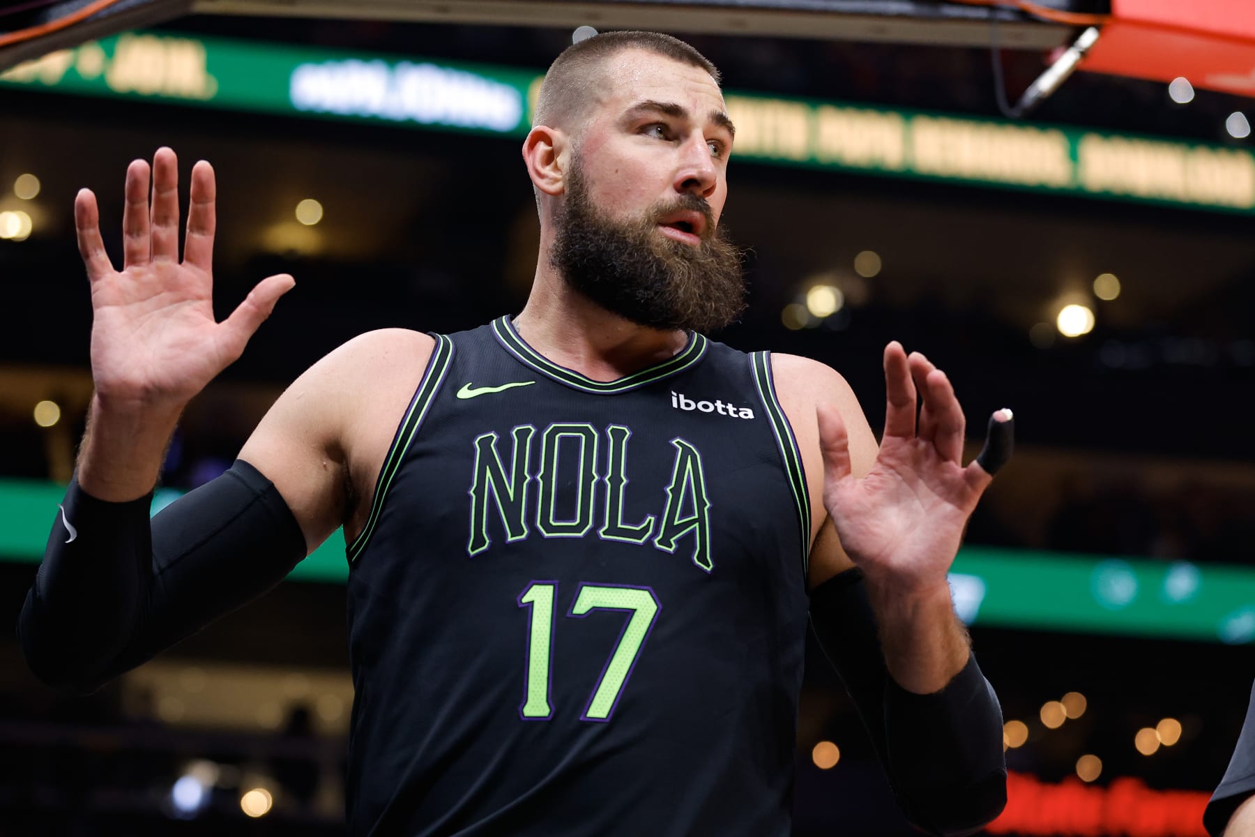 ATLANTA, GEORGIA - MARCH 10: Jonas Valanciunas #17 of the New Orleans Pelicans reacts during the second quarter against the Atlanta Hawks at State Farm Arena on March 10, 2024 in Atlanta, Georgia. NOTE TO USER: User expressly acknowledges and agrees that, by downloading and or using this photograph, User is consenting to the terms and conditions of the Getty Images License Agreement. (Photo by Todd Kirkland/Getty Images)