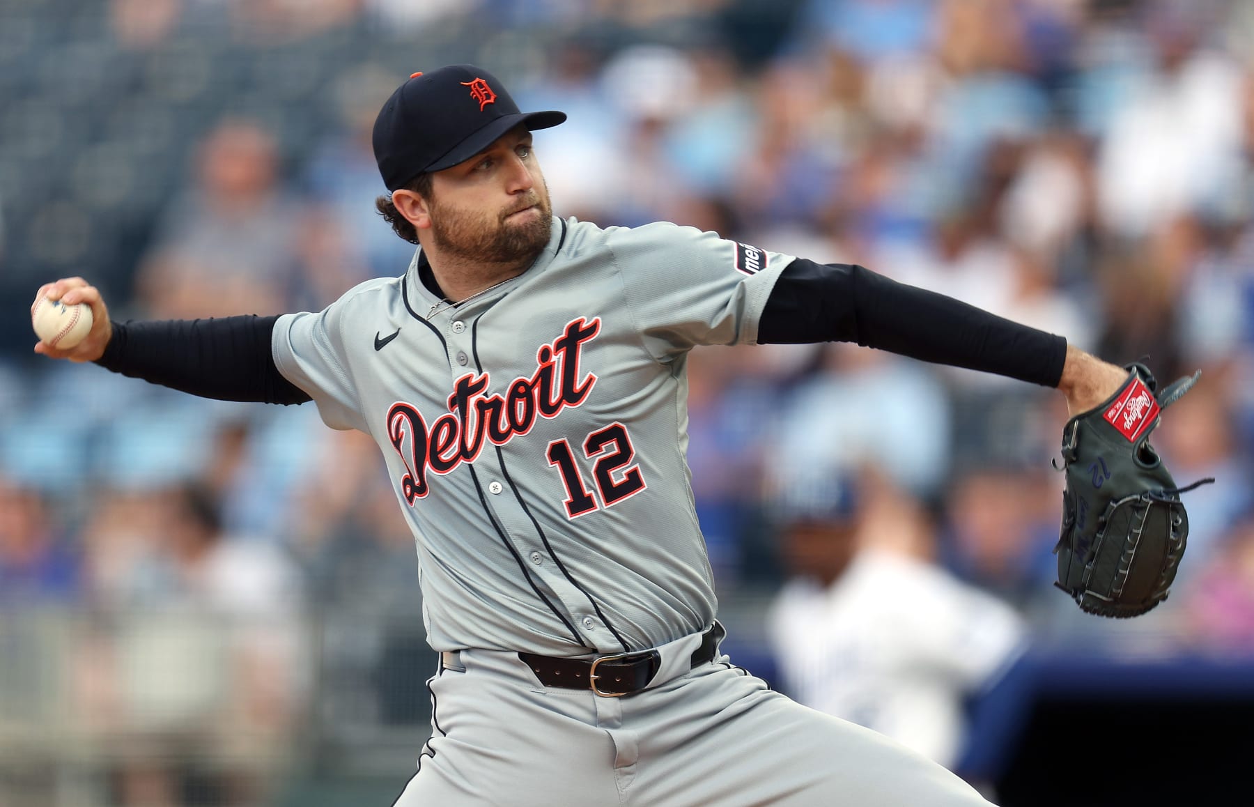 KANSAS CITY, MISSOURI - MAY 21:  Starting pitcher Casey Mize #12 of the Detroit Tigers pitches during the 1st inning of the game against the Kansas City Royals at Kauffman Stadium on May 21, 2024 in Kansas City, Missouri. (Photo by Jamie Squire/Getty Images)