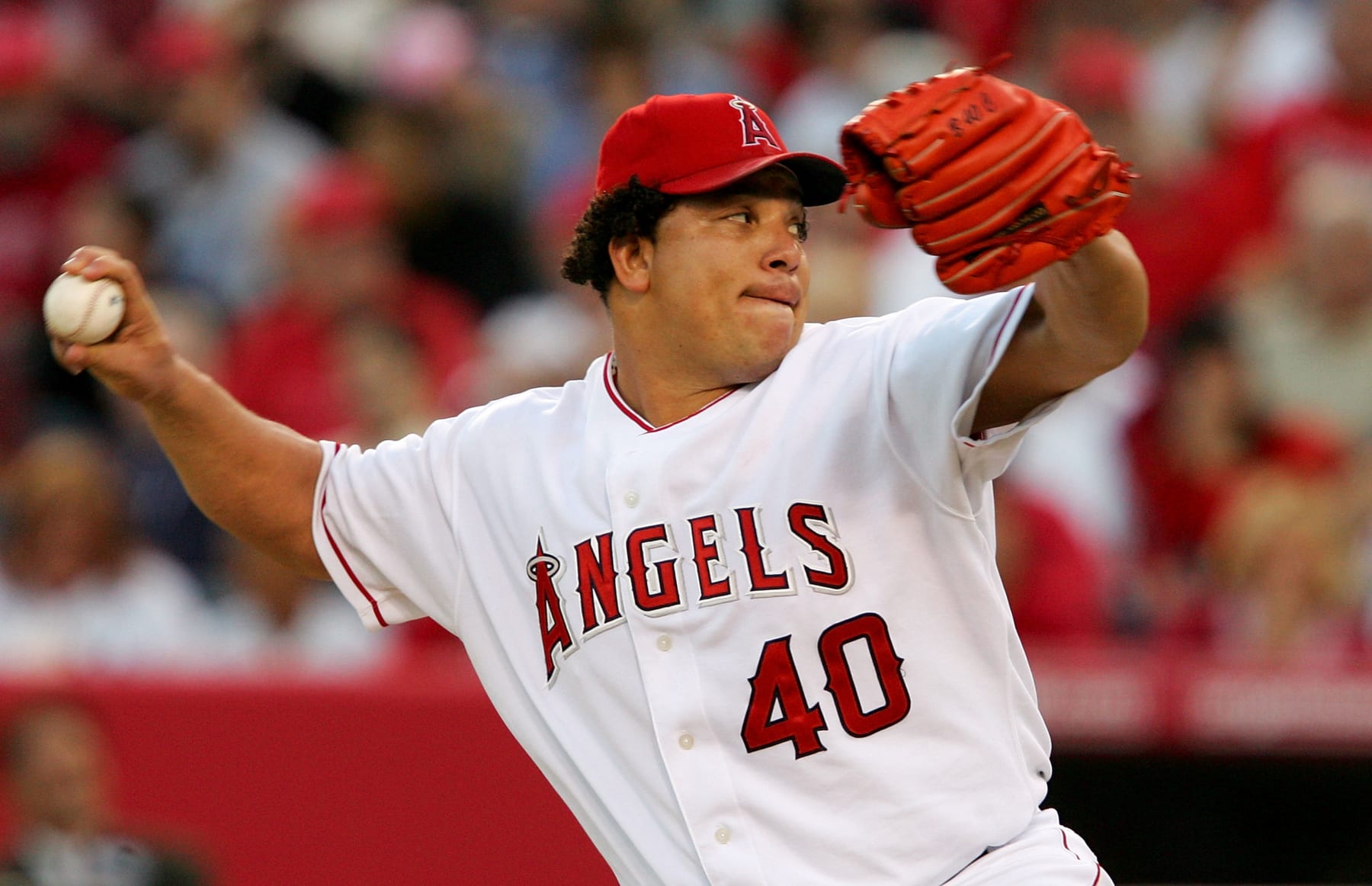 ANAHEIM, CA - OCTOBER 04:  Bartolo Colon #40 of the Los Angeles Angels of Anaheim pitches to the New York Yankees during Game One of the American League Division Series on October 4, 2005 at Angel Stadium in Anaheim, California.  The Yankees defeated the Angels 4-2.  (Photo by Lisa Blumenfeld/Getty Images)