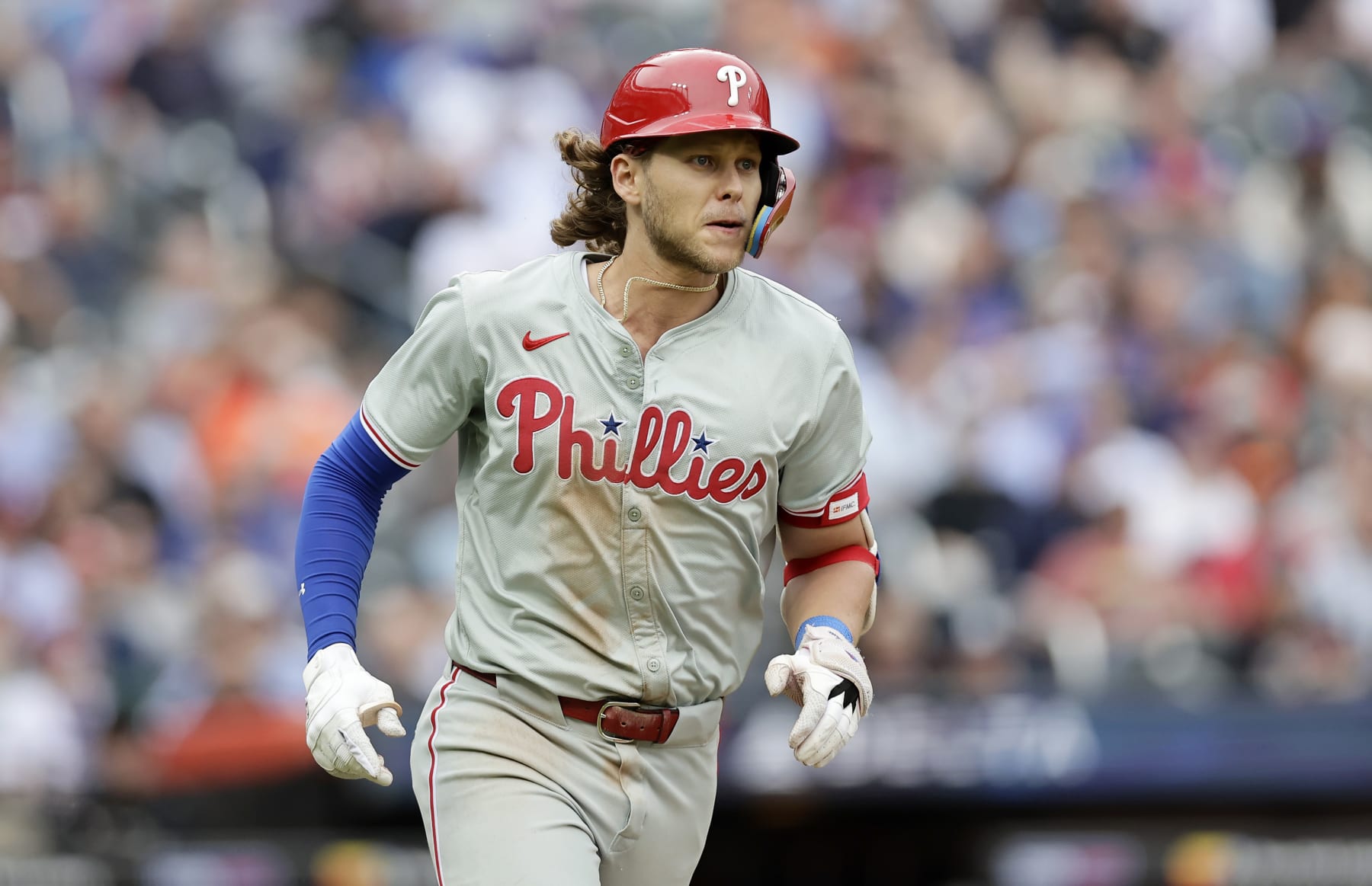 NEW YORK, NEW YORK - MAY 14:  Alec Bohm #28 of the Philadelphia Phillies in action against the New York Mets at Citi Field on May 14, 2024 in New York City. The Phillies defeated the Mets 4-0. (Photo by Jim McIsaac/Getty Images)