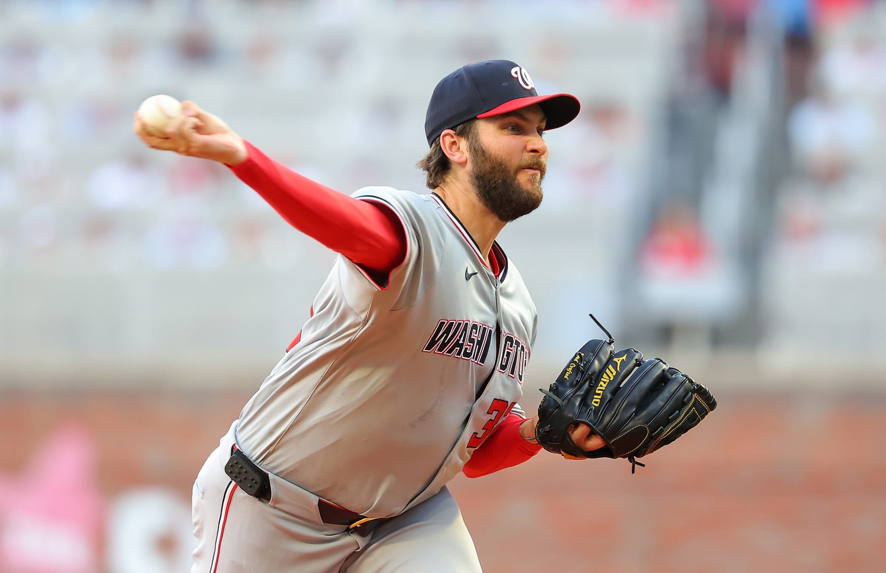 ATLANTA, GEORGIA - MAY 30:  Trevor Williams #32 of the Washington Nationals pitches in the first inning against the Atlanta Braves at Truist Park on May 30, 2024 in Atlanta, Georgia. (Photo by Kevin C. Cox/Getty Images)