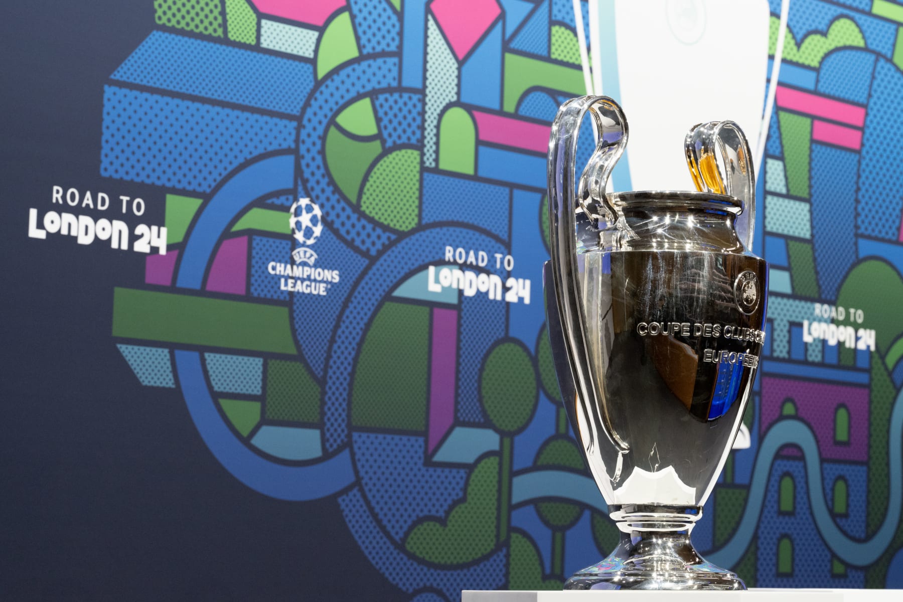 NYON, SWITZERLAND - MARCH 15: A detailed view of the UEFA Champions League trophy during the UEFA Champions League 2023/24 Quarter-finals And Semi-finals Draw at the UEFA Headquarters, The House of the European Football, on March 15, 2024 in Nyon, Switzerland (Photo by Kristian Skeie - UEFA/UEFA via Getty Images)