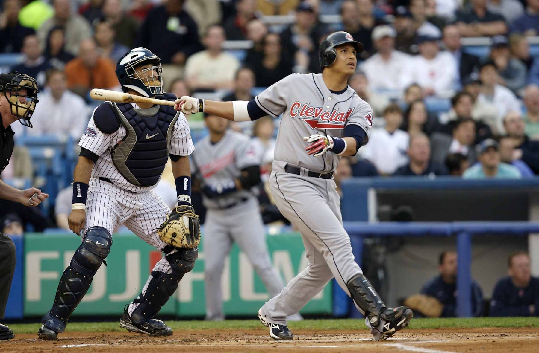 NEW YORK - MAY 07: Victor Martinez #41 of the Cleveland Indians bats against the New York Yankees on May 7, 2008 at Yankee Stadium in the Bronx borough of New York City. The Indians defeated Yankees 3-0.  (Photo by Rob Tringali/Sportschrome/Getty Images)