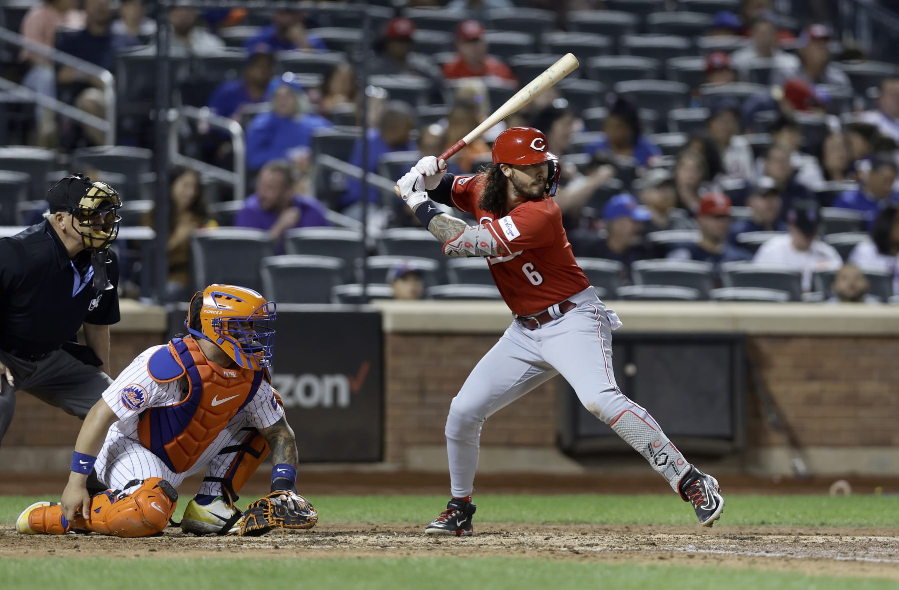NEW YORK, NEW YORK - SEPTEMBER 16:  Jonathan India #6 of the Cincinnati Reds bats against the New York Mets at Citi Field on September 16, 2023 in New York City. The Reds defeated the Mets 3-2. (Photo by Jim McIsaac/Getty Images)