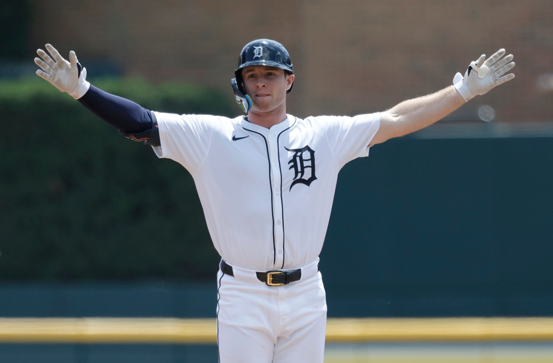 DETROIT, MI -  JULY 13:  Colt Keith #33 of the Detroit Tigers celebrates his two-RBI double against the Los Angeles Dodgers during the second inning at Comerica Park on July 13, 2024 in Detroit, Michigan. (Photo by Duane Burleson/Getty Images)