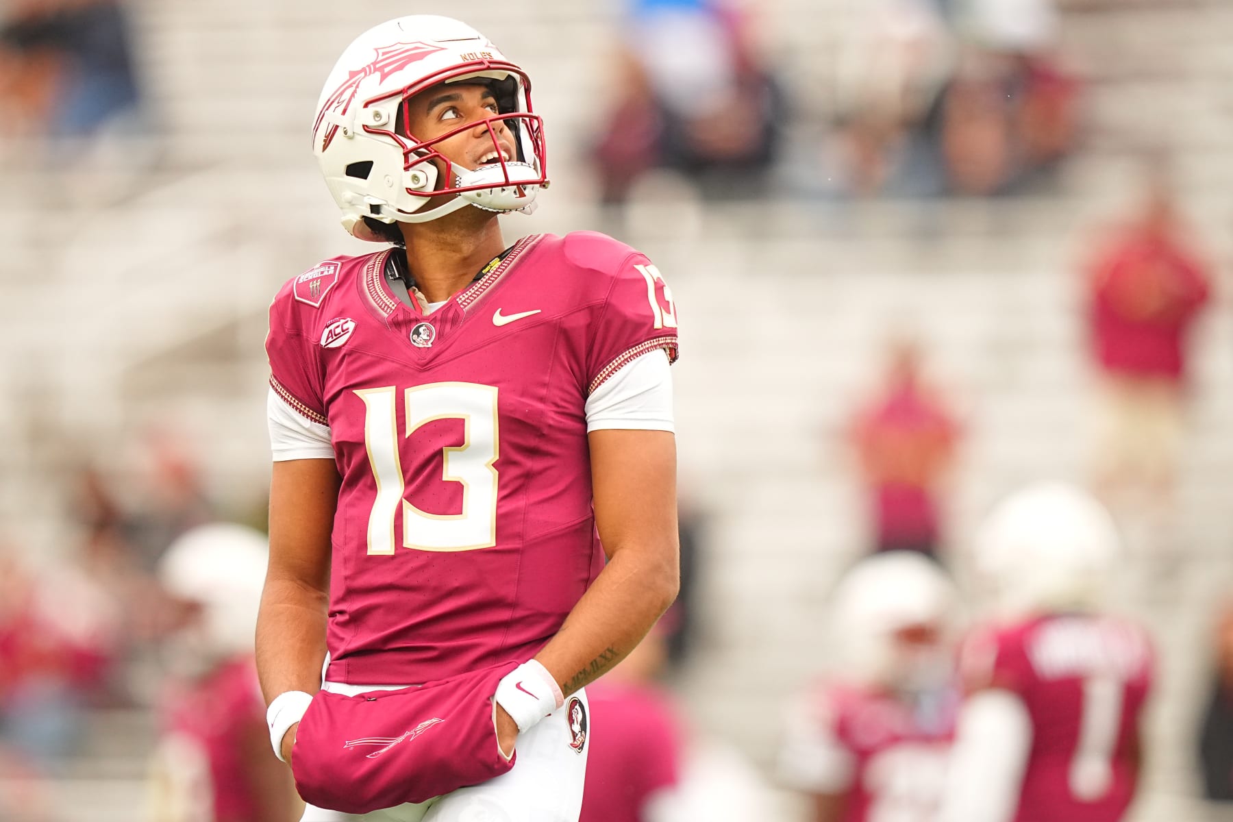 College Football: Florida State quarterback Jordan Travis (13) in action, looks on vs Boston College at Alumni Stadium. 
Chestnut Hill, MA 9/16/2023
CREDIT: Erick W. Rasco (Photo by Erick W. Rasco/Sports Illustrated via Getty Images) 
(Set Number: X164430)