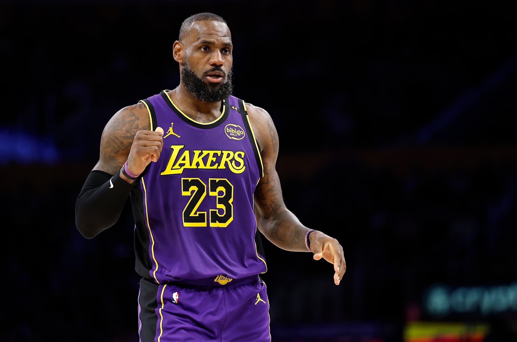 LOS ANGELES, CALIFORNIA - JANUARY 21:  LeBron James #23 of the Los Angeles Lakers in the first half at Crypto.com Arena on January 21, 2025 in Los Angeles, California.  NOTE TO USER: User expressly acknowledges and agrees that, by downloading and or using this photograph, User is consenting to the terms and conditions of the Getty Images License Agreement.  (Photo by Ronald Martinez/Getty Images)