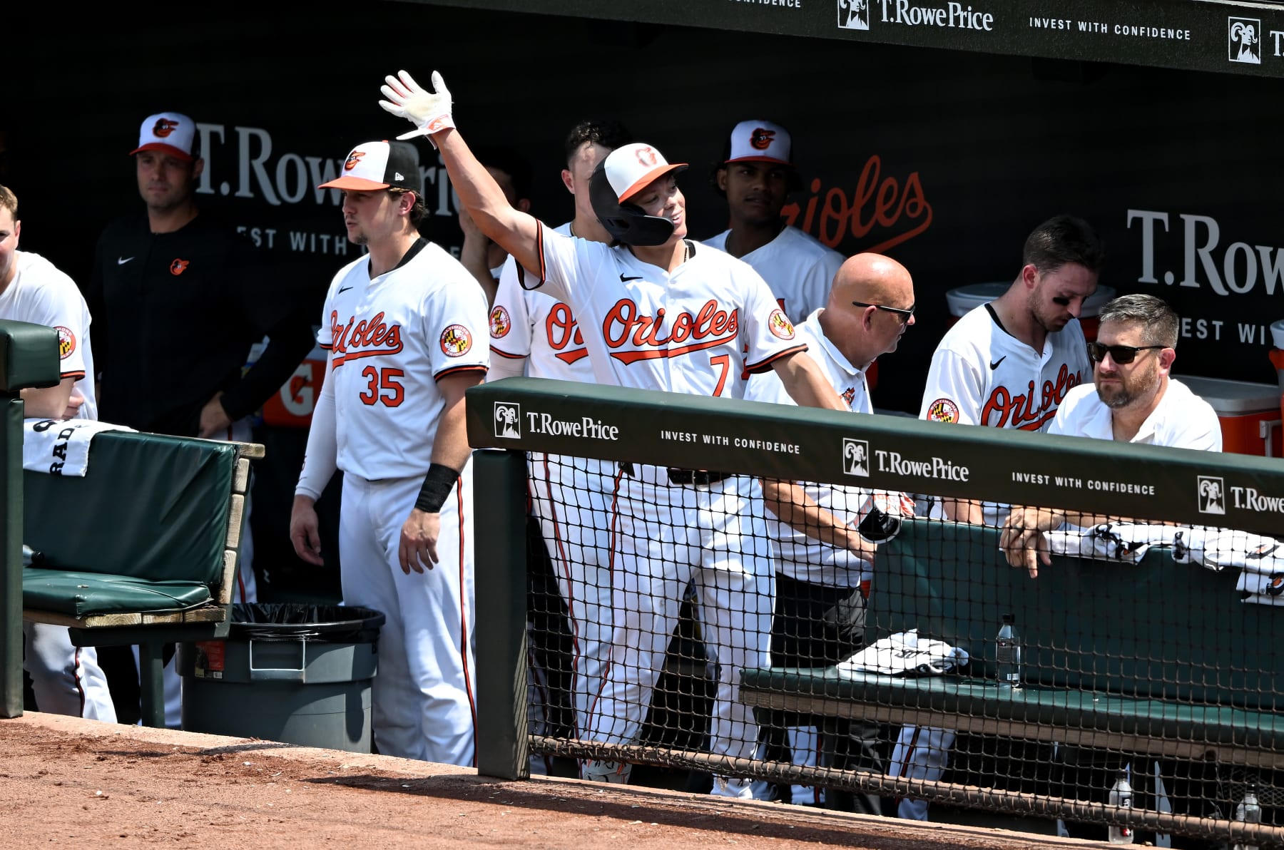BALTIMORE, MARYLAND - JULY 31: Jackson Holliday #7 of the Baltimore Orioles waves to the crowd after hitting a grand slam for his first career home run in the fifth inning against the Toronto Blue Jays at Oriole Park at Camden Yards on July 31, 2024 in Baltimore, Maryland. (Photo by G Fiume/Getty Images)