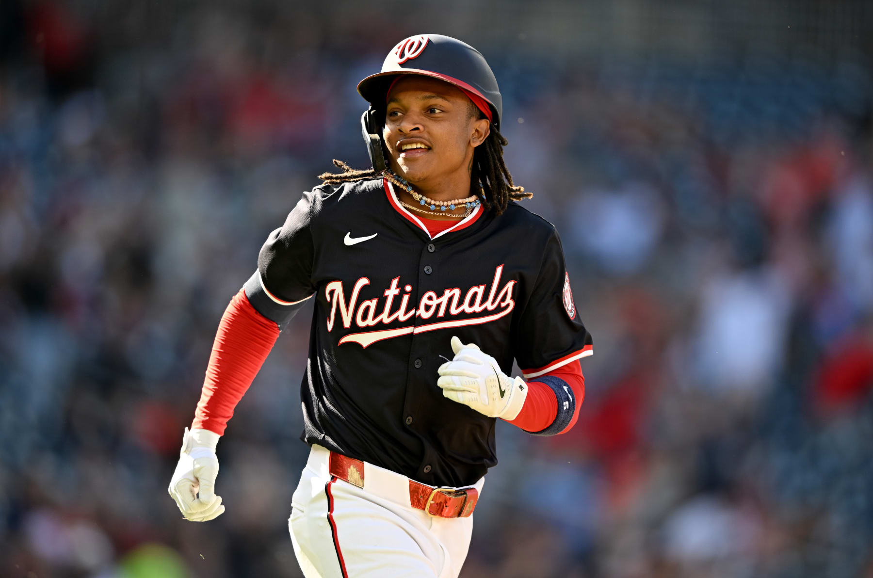 WASHINGTON, DC - APRIL 20: CJ Abrams #5 of the Washington Nationals rounds the bases after hitting a home run in the first inning against the Houston Astros at Nationals Park on April 20, 2024 in Washington, DC. (Photo by Greg Fiume/Getty Images)