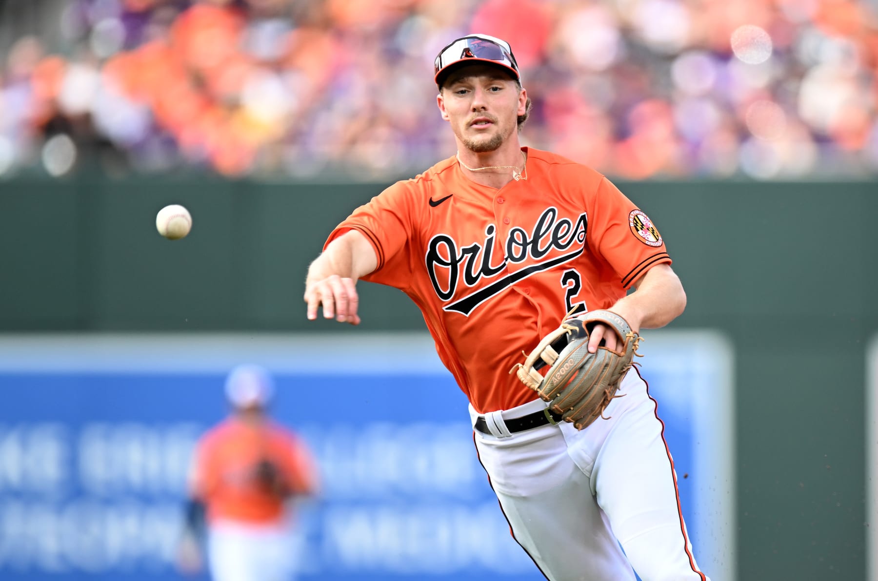 BALTIMORE, MARYLAND - JUNE 24: Gunnar Henderson #2 of the Baltimore Orioles throws the ball to first base against the Seattle Mariners at Oriole Park at Camden Yards on June 24, 2023 in Baltimore, Maryland. (Photo by G Fiume/Getty Images)