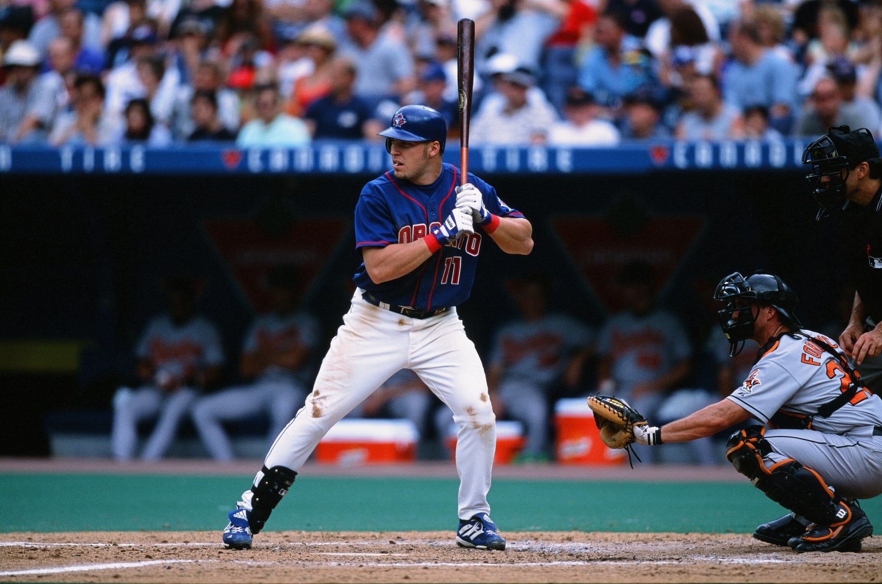 TORONTO, CANADA - AUGUST 2: Eric Hinske of the Toronto Blue Jays bats against the Baltimore Orioles on August 2, 2002 at Rogers Centre in Toronto, Ontario, Canada. (Photo by Sporting News via Getty Images via Getty Images) 