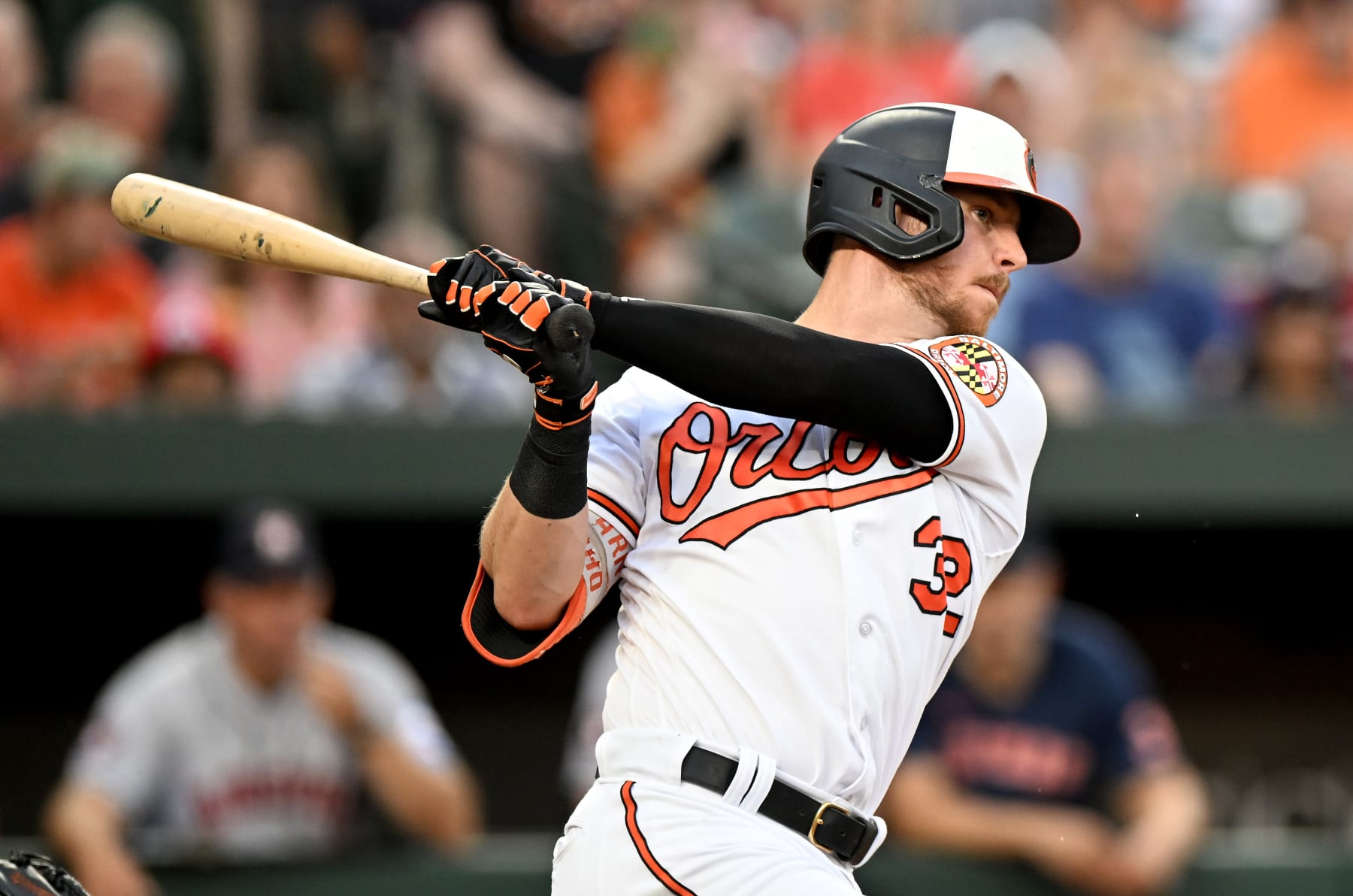 BALTIMORE, MARYLAND - AUGUST 09: Ryan O'Hearn #32 of the Baltimore Orioles bats against the Houston Astros at Oriole Park at Camden Yards on August 09, 2023 in Baltimore, Maryland. (Photo by G Fiume/Getty Images)