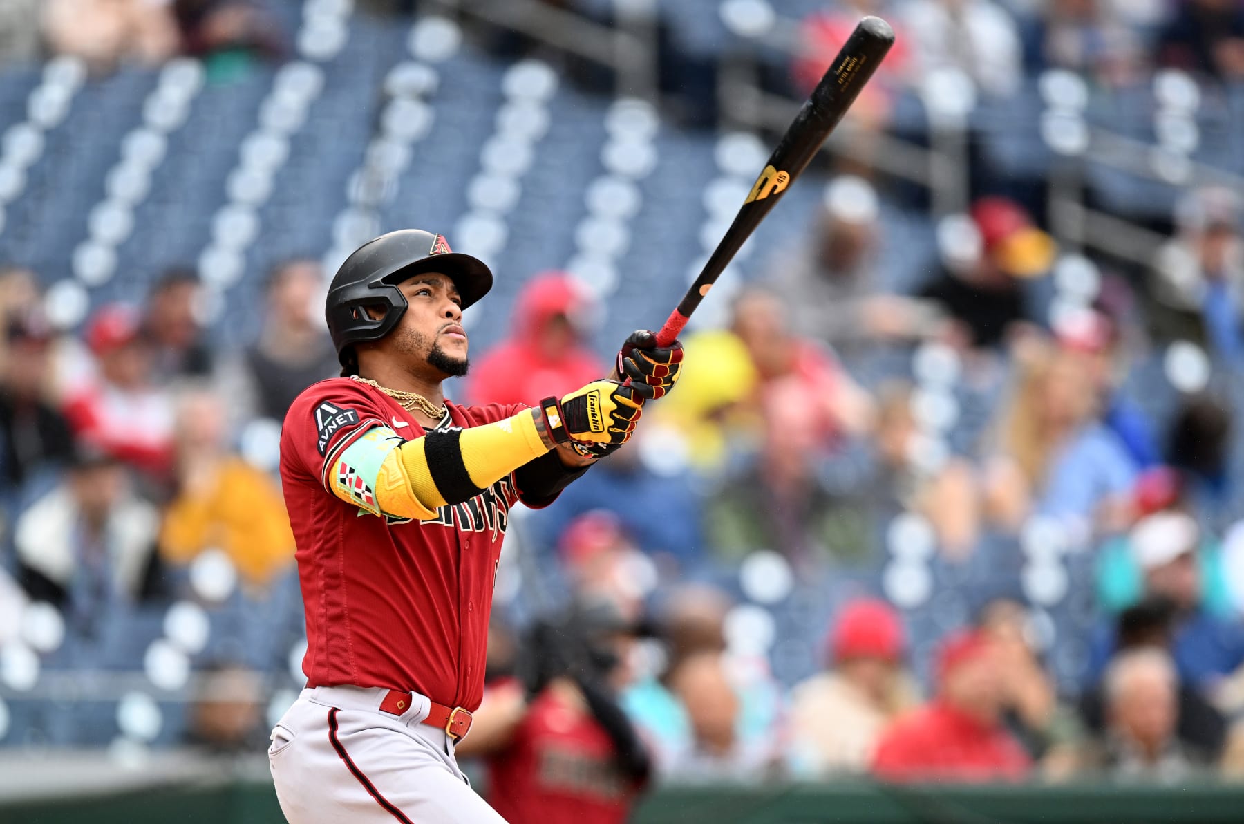 WASHINGTON, DC - JUNE 22: Ketel Marte #4 of the Arizona Diamondbacks hits a home run against the Washington Nationals at Nationals Park on June 22, 2023 in Washington, DC. (Photo by G Fiume/Getty Images)