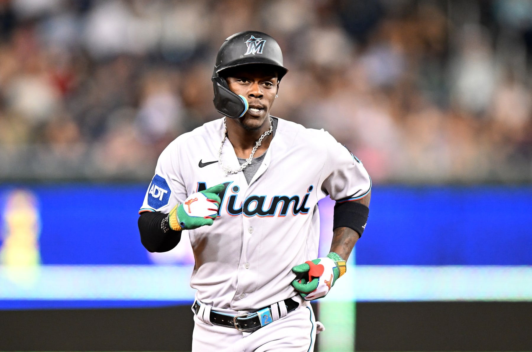 WASHINGTON, DC - AUGUST 31: Jazz Chisholm Jr. #2 of the Miami Marlins rounds the bases after hitting a home run against the Washington Nationals at Nationals Park on August 31, 2023 in Washington, DC. (Photo by G Fiume/Getty Images)