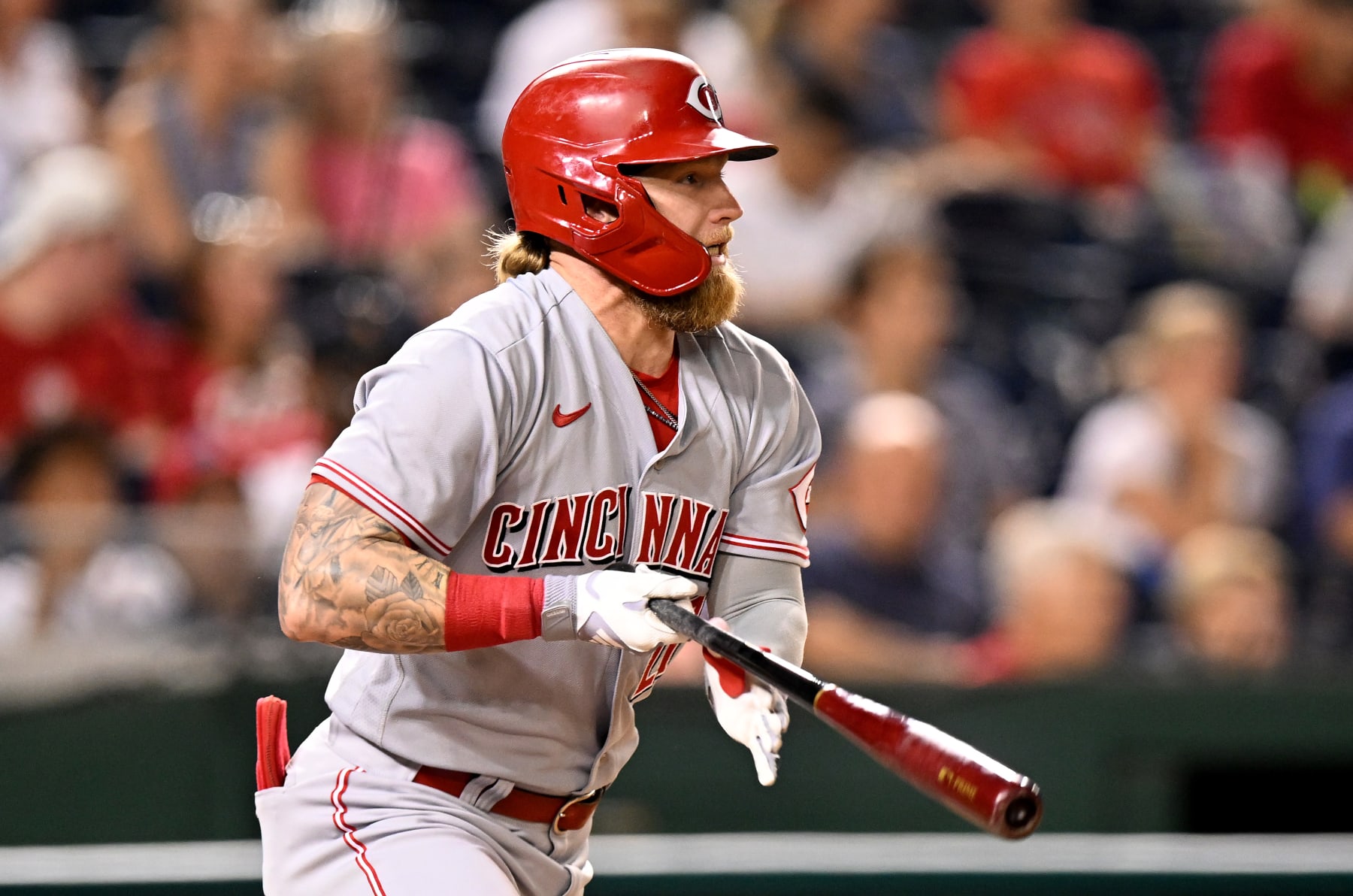 WASHINGTON, DC - AUGUST 26: Jake Fraley #27 of the Cincinnati Reds bats against the Washington Nationals at Nationals Park on August 26, 2022 in Washington, DC. (Photo by G Fiume/Getty Images)