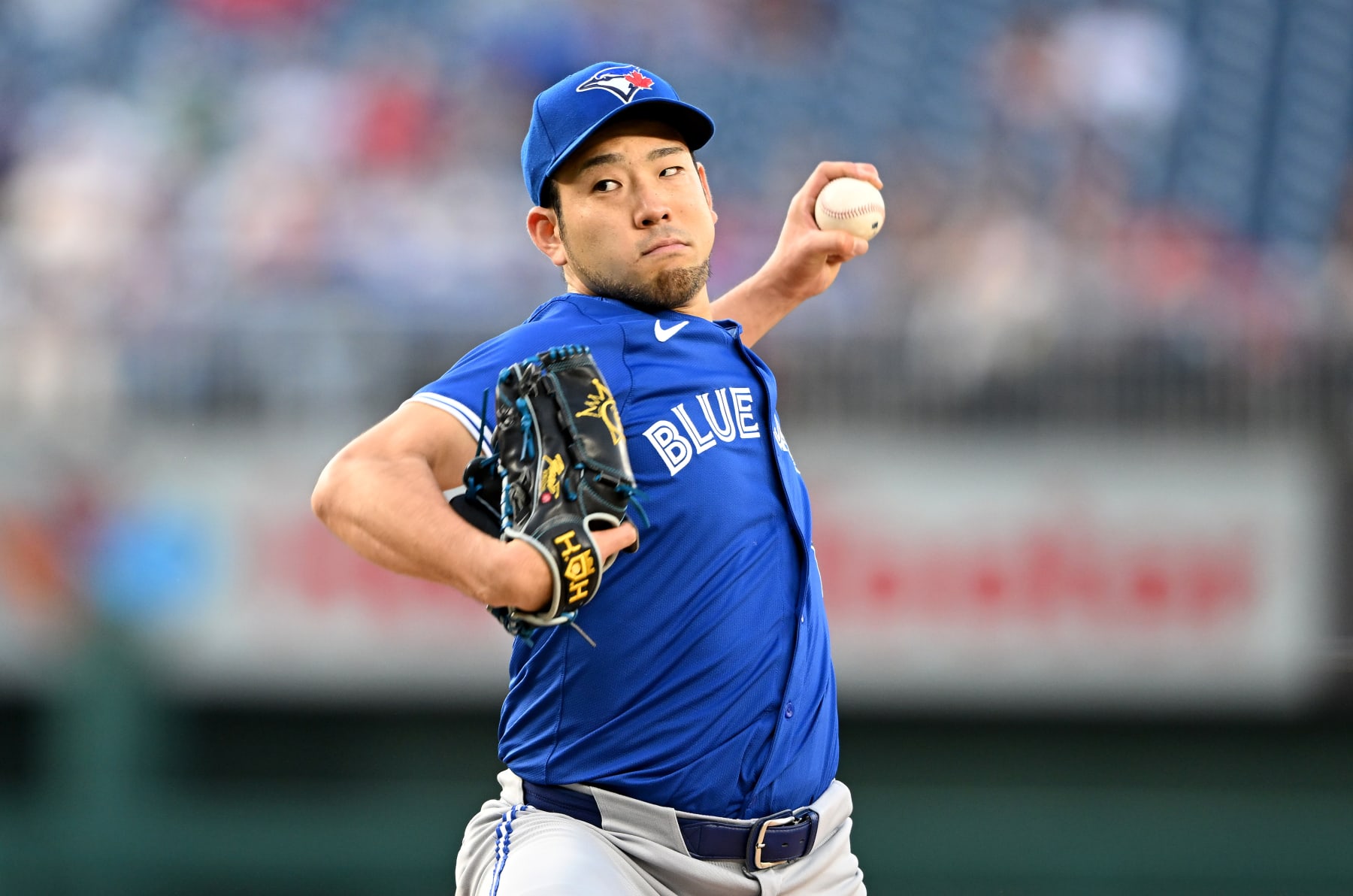WASHINGTON, DC - MAY 03: Yusei Kikuchi #16 of the Toronto Blue Jays pitches against the Washington Nationals at Nationals Park on May 03, 2024 in Washington, DC.  (Photo by G Fiume/Getty Images)