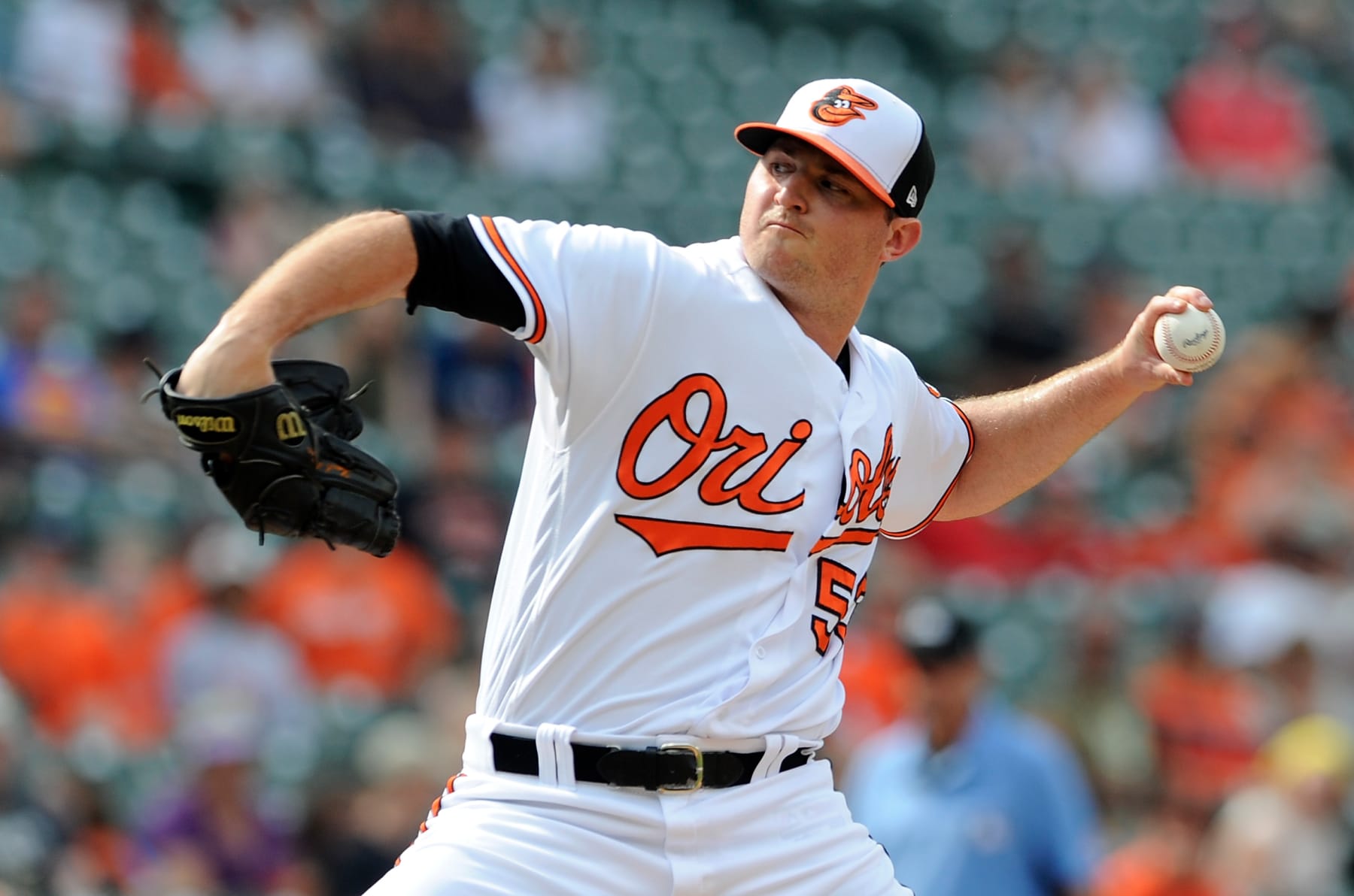 BALTIMORE, MD - JULY 15:  Zach Britton #53 of the Baltimore Orioles pitches in the ninth inning against the Texas Rangers at Oriole Park at Camden Yards on July 15, 2018 in Baltimore, Maryland.  (Photo by G Fiume/Getty Images)