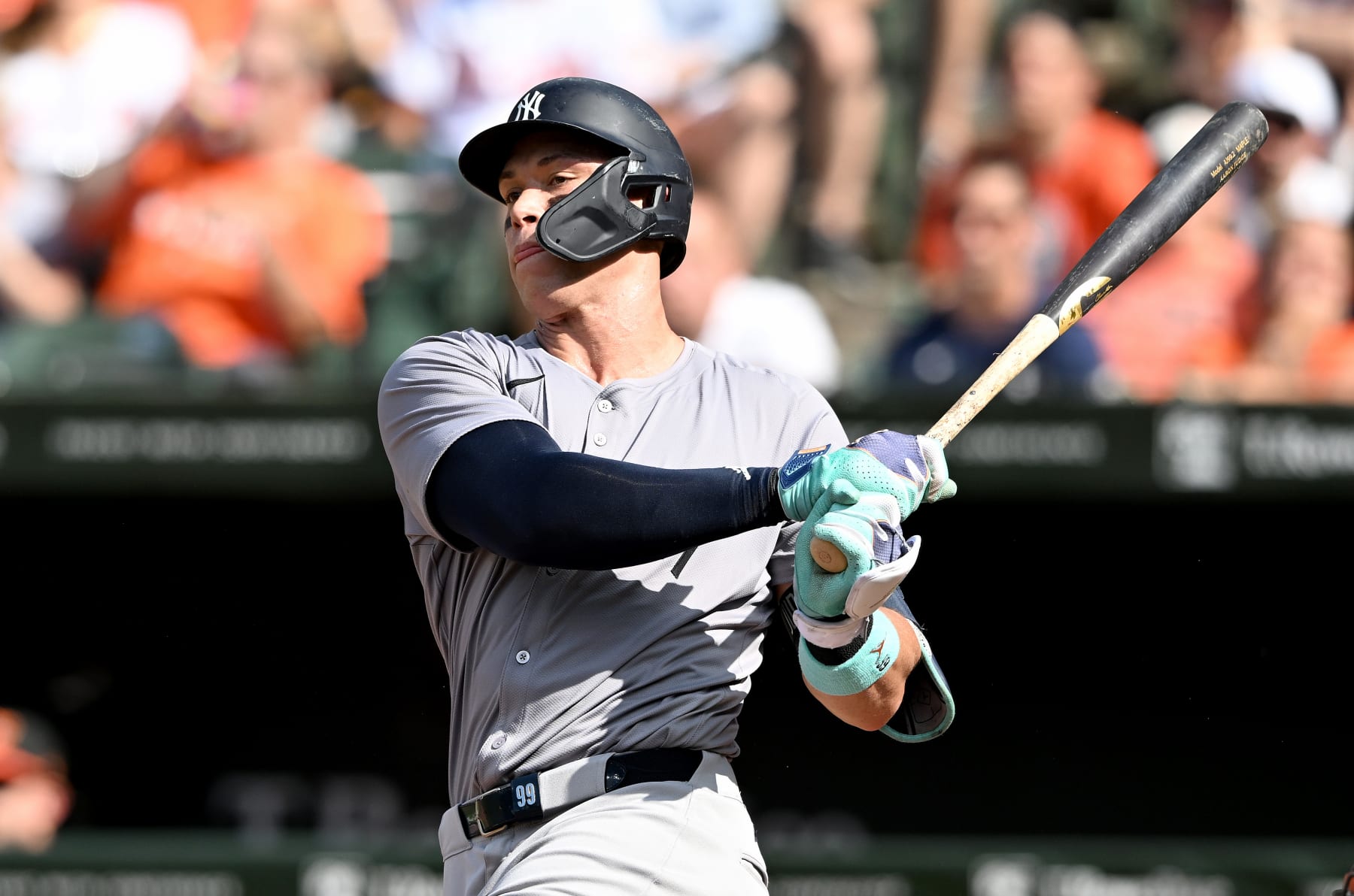 BALTIMORE, MARYLAND - JULY 13: Aaron Judge #99 of the New York Yankees hits a double in the third inning against the Baltimore Orioles at Oriole Park at Camden Yards on July 13, 2024 in Baltimore, Maryland. (Photo by Greg Fiume/Getty Images)