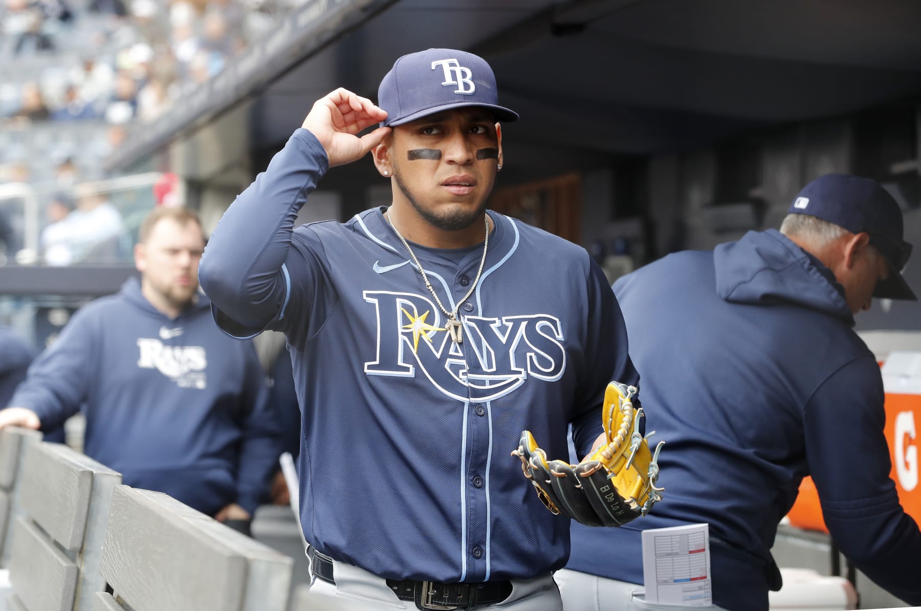 NEW YORK, NEW YORK - APRIL 21:  Isaac Paredes #17 of the Tampa Bay Rays looks on before a game against the New York Yankees at Yankee Stadium on April 21, 2024 in New York City. The Yankees defeated the Rays 5-4. (Photo by Jim McIsaac/Getty Images)
